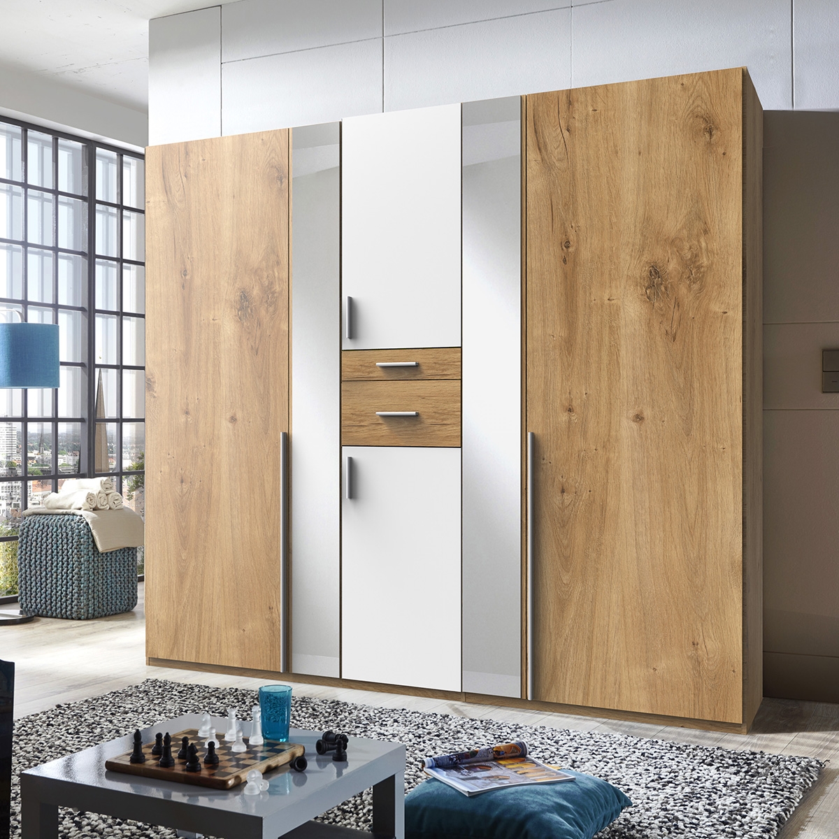 Wardrobe - ODENSE 5 Door Wardrobe White and Planked Oak 225cm - Wimex Distribution