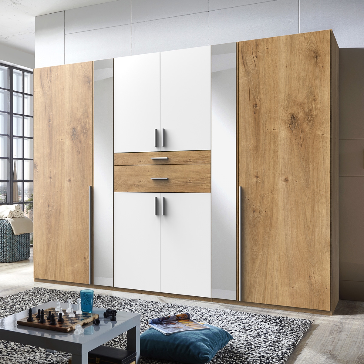 Wardrobe - ODENSE 6 Door Wardrobe White and Planked Oak 270cm - Wimex Distribution