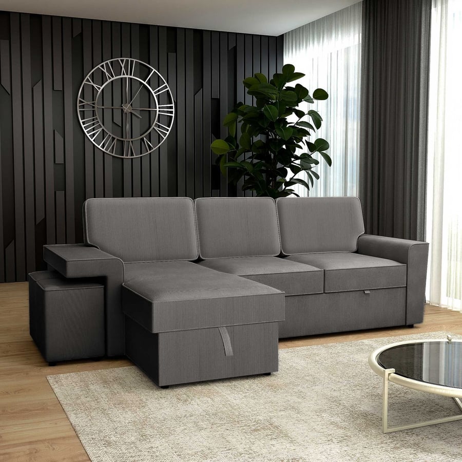BECKMERE Fabric 3 Seater L Shaped Corner Sofabed - Graphite, Reversible Facing - Avellino & Wells