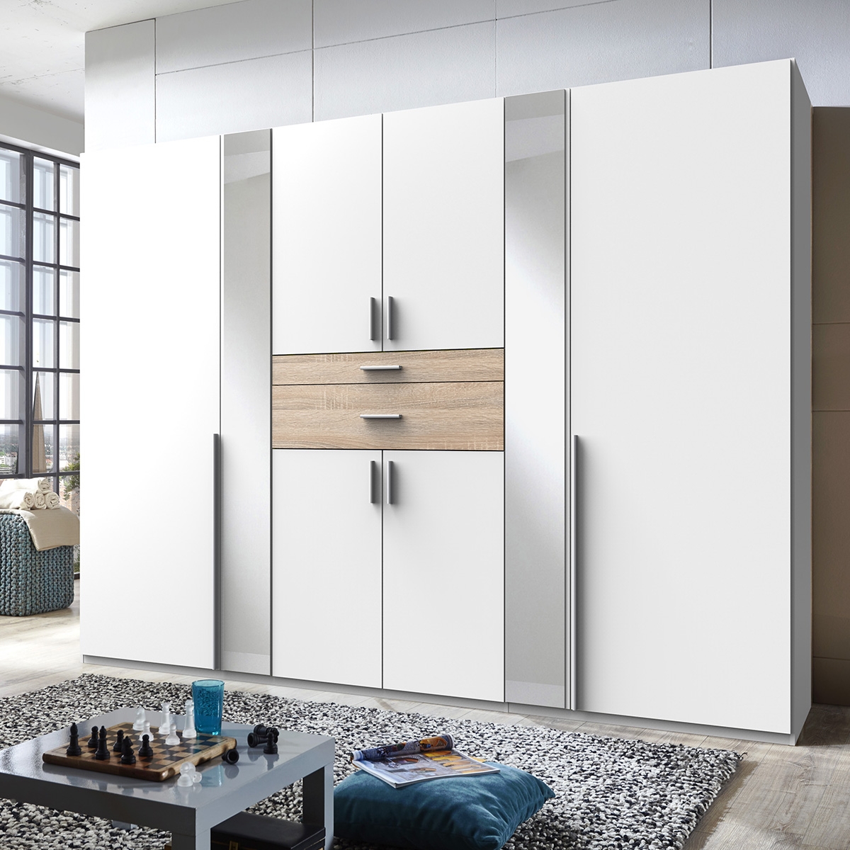 Wardrobe - ODENSE 6 Door Wardrobe White and Oak 270cm - Wimex Distribution