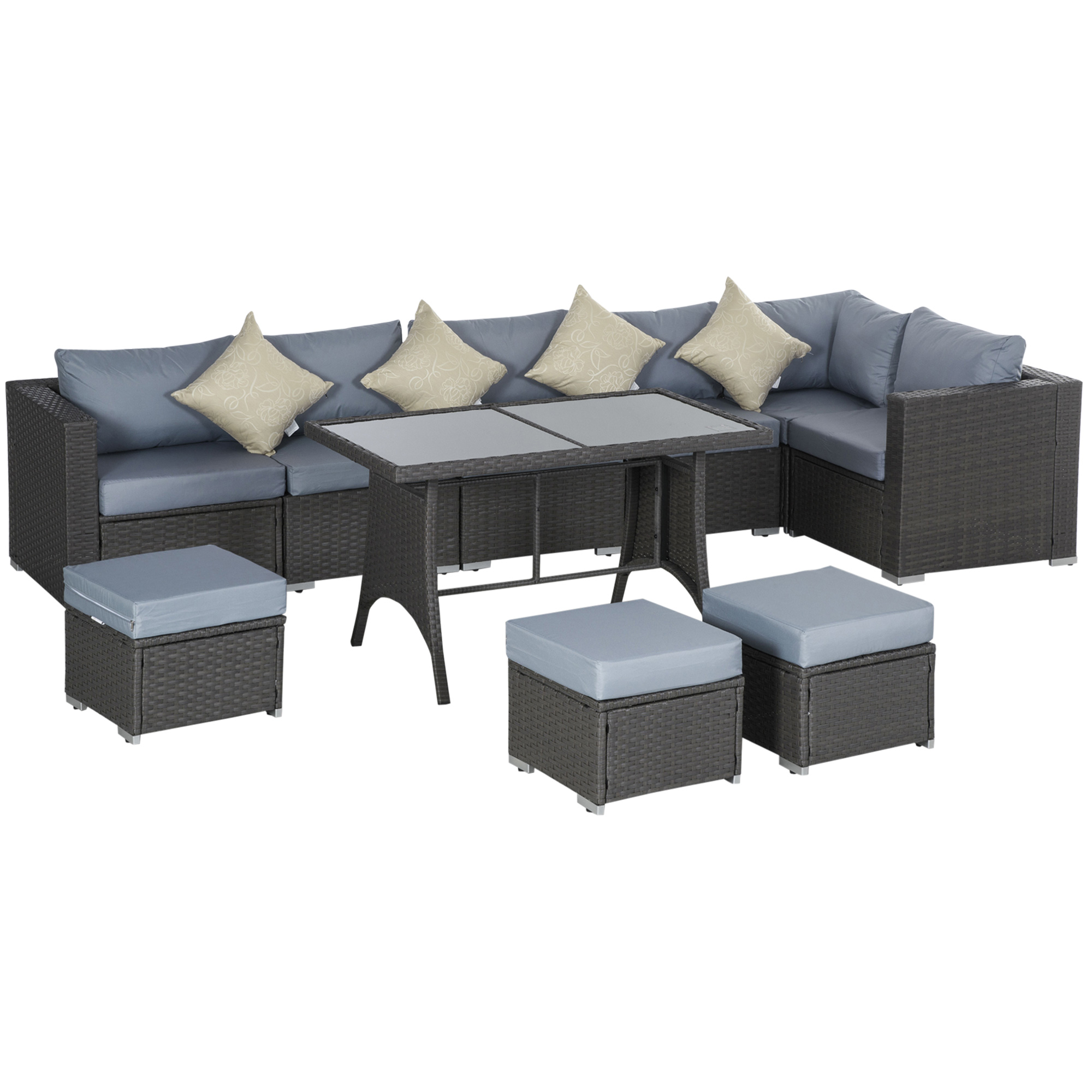 10PC Garden Rattan Corner Dining Sofa Set 9-seater Patio Tables Stools Outdoor Wicker Lounge Conservatory Furniture w/ Cushions & Pillow - Life 