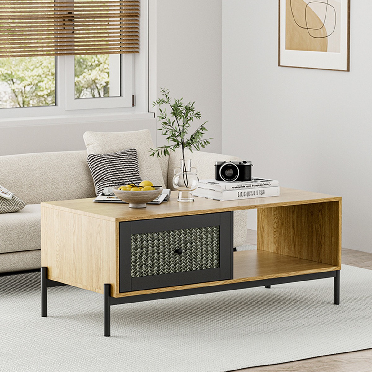 Wooden Indoor Rattan Coffee Table with Storage - Daily Deals