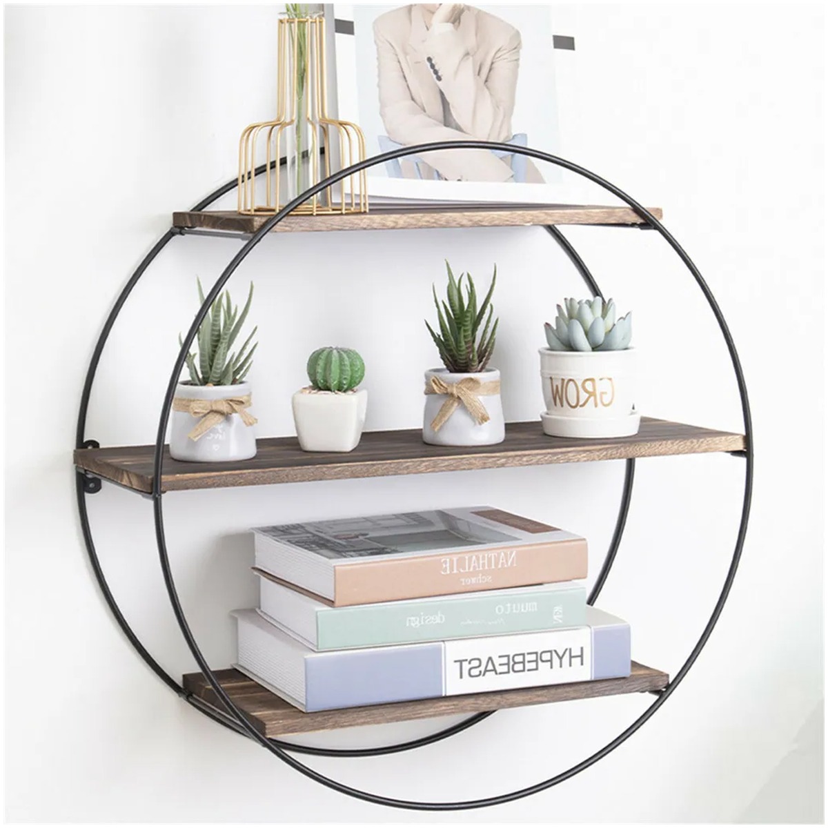 Metal Frame Round Wall Floating Shelves Wooden Shelf Storage - Wood - Bedroom & More