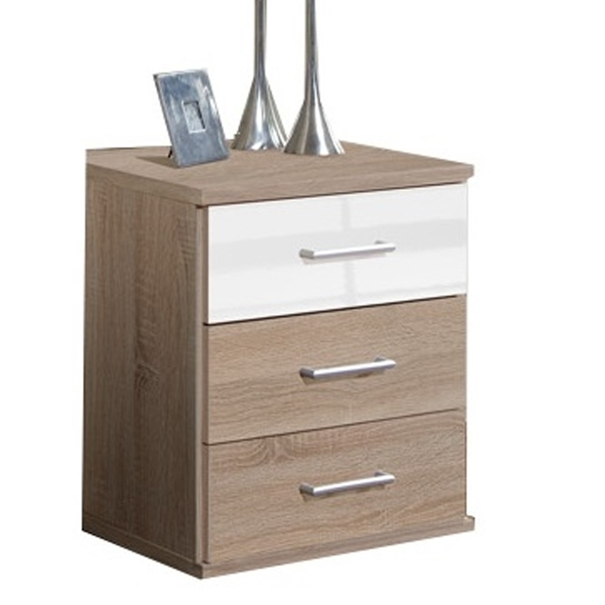 Bedside Table - GEMA 3 Drawer Nightstand Oak and White Gloss 46cm - Wimex Distribution