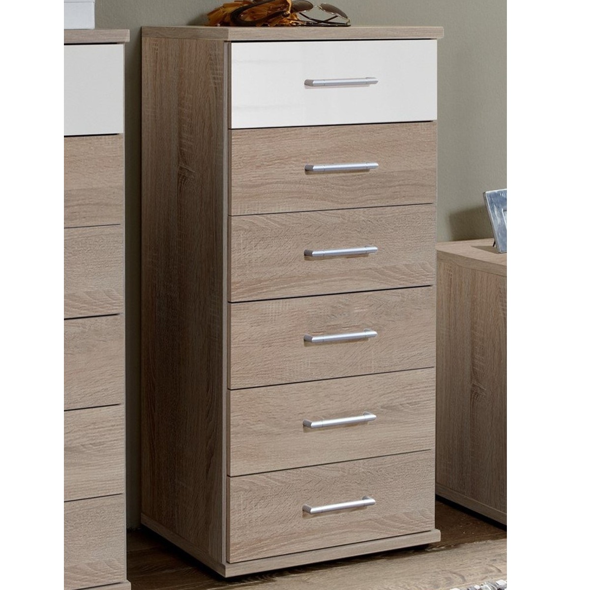 LAOS Oak Finish Chest of Drawers - Tallboy, Medium-sized, 6 Drawers - Wimex Distribution