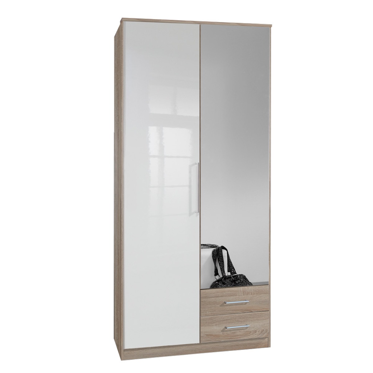 Wardrobe - GEMA 2 Door 2 Drawer Mirrored Wardrobe Oak and White Gloss 90cm - Wimex Distribution
