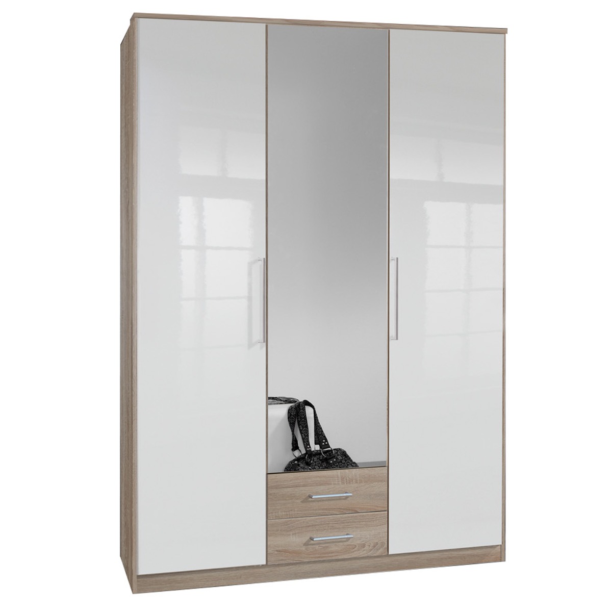 Wardrobe - GEMA 3 Door Mirrored Wardrobe Oak and White Gloss 135cm - Wimex Distribution