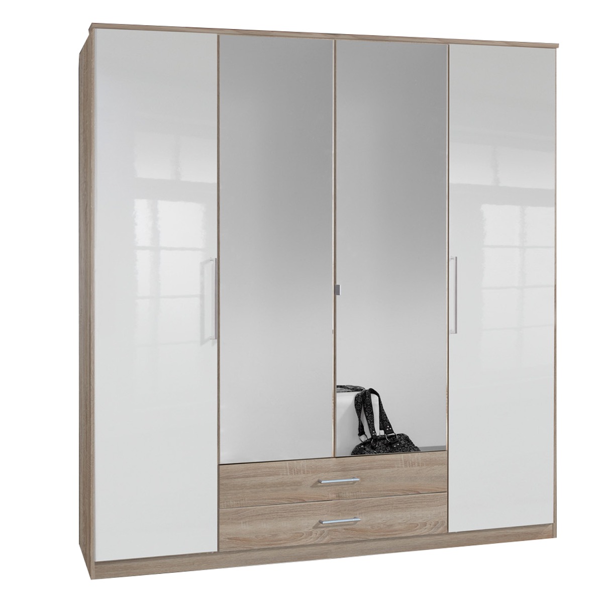 Wardrobe - GEMA 4 Door Mirrored Wardrobe Oak and White Gloss 180cm - Wimex Distribution