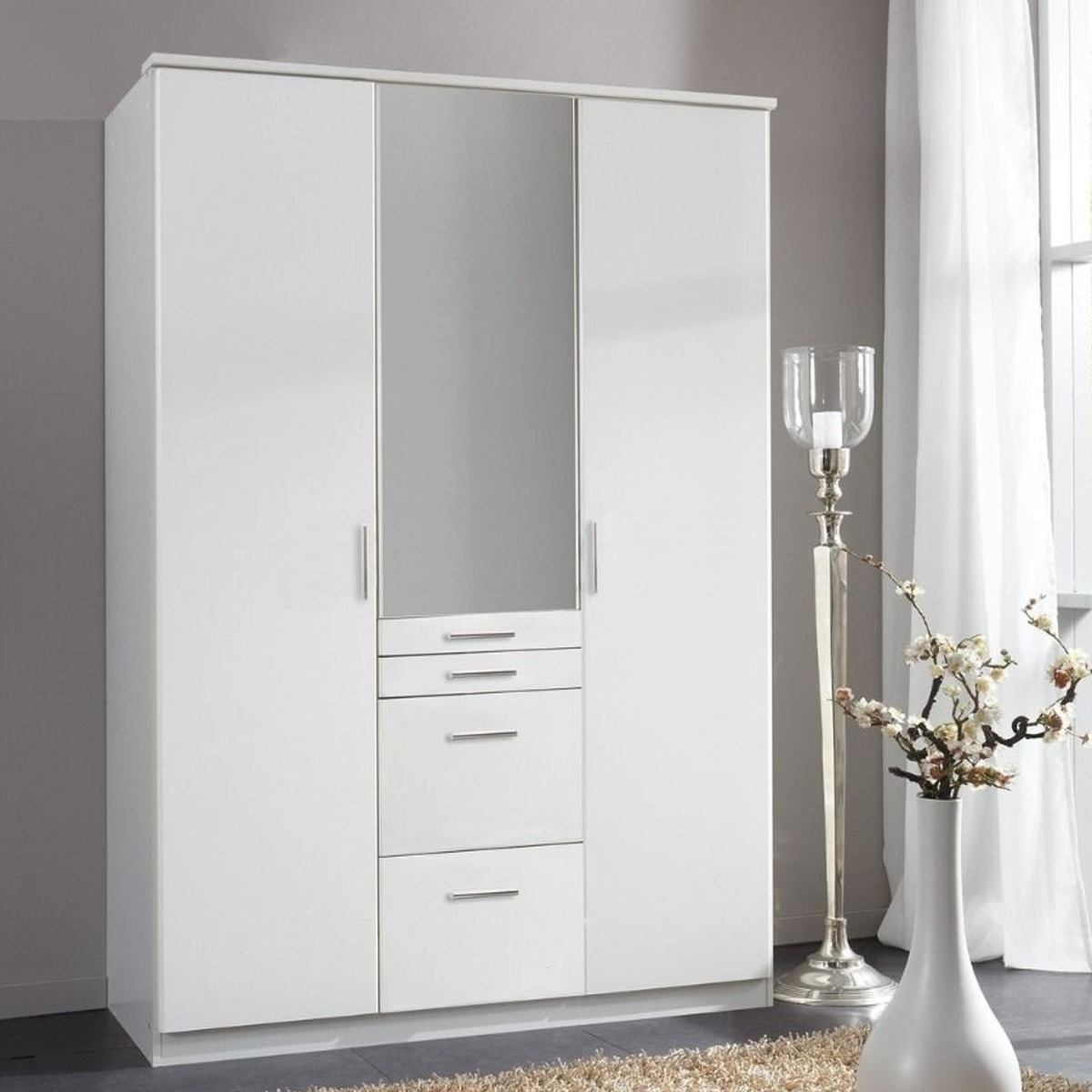 Wardrobe - ACORN 3 Door Mirrored Wardrobe White 135cm - Wimex Distribution
