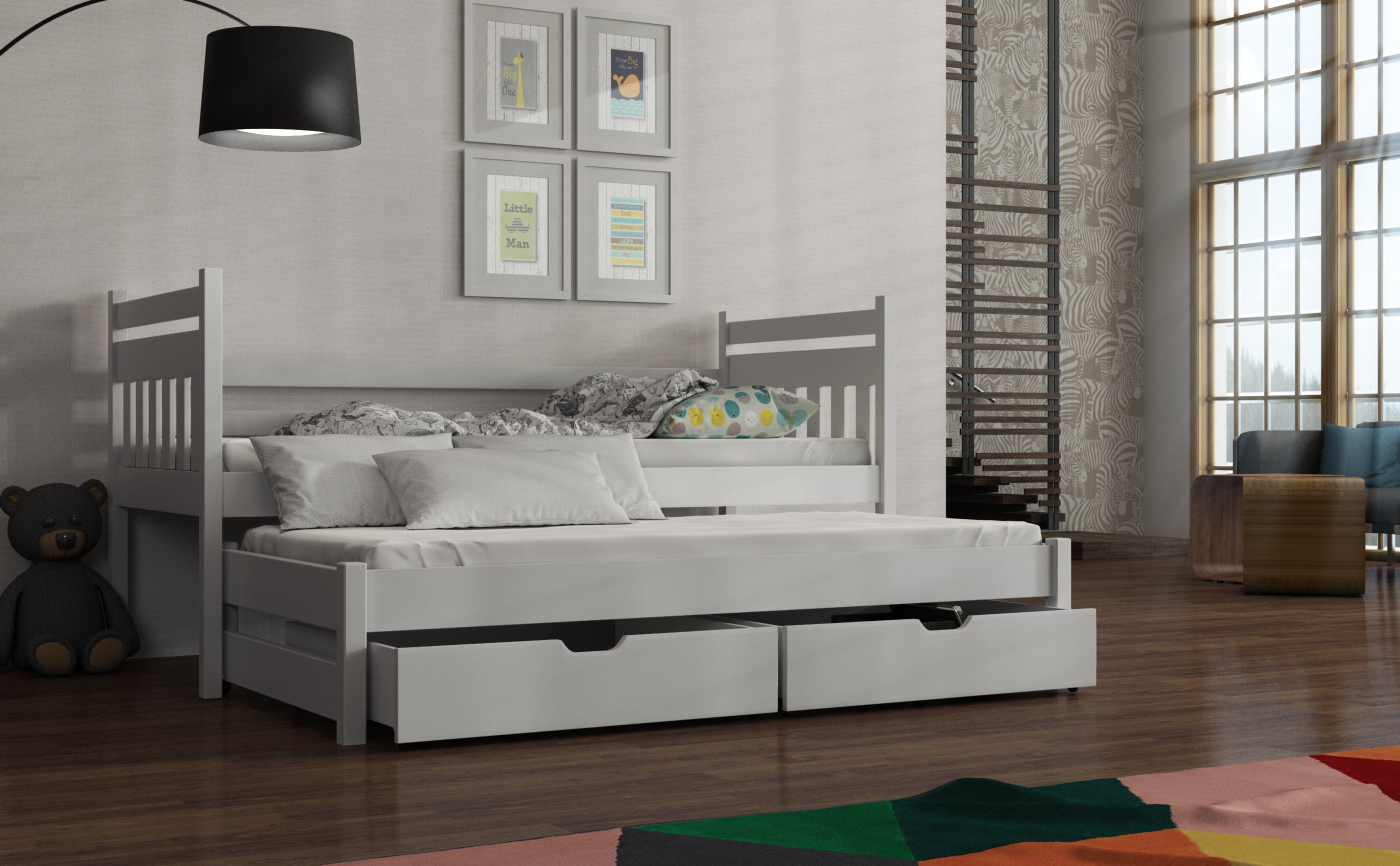 NEIL Wooden 2 Drawers Storage Double Bed with Trundle - White - Art Nest