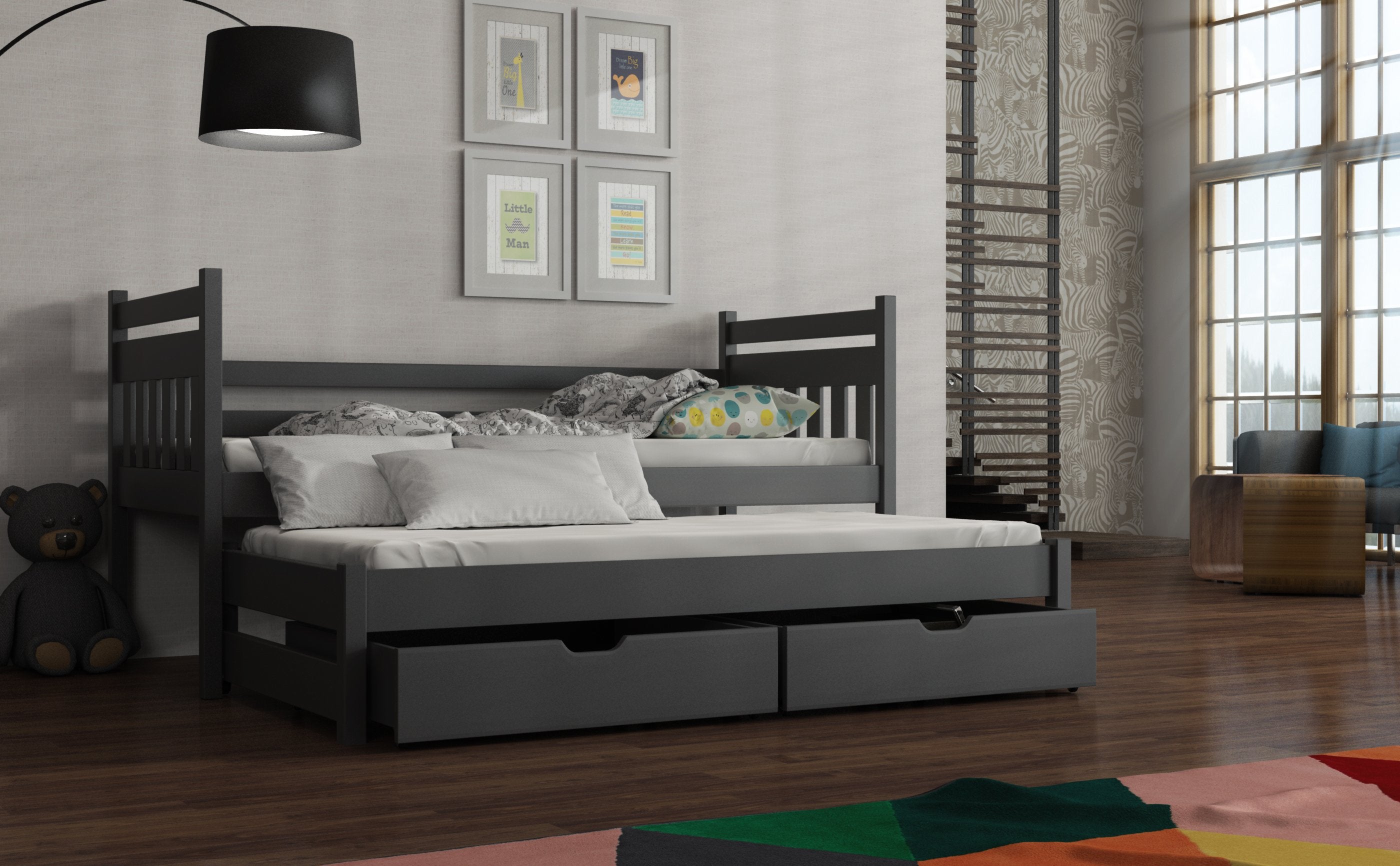 NEIL Wooden 2 Drawers Storage Double Bed with Trundle and Bonnell Foam Mattress - Graphite - Art Nest
