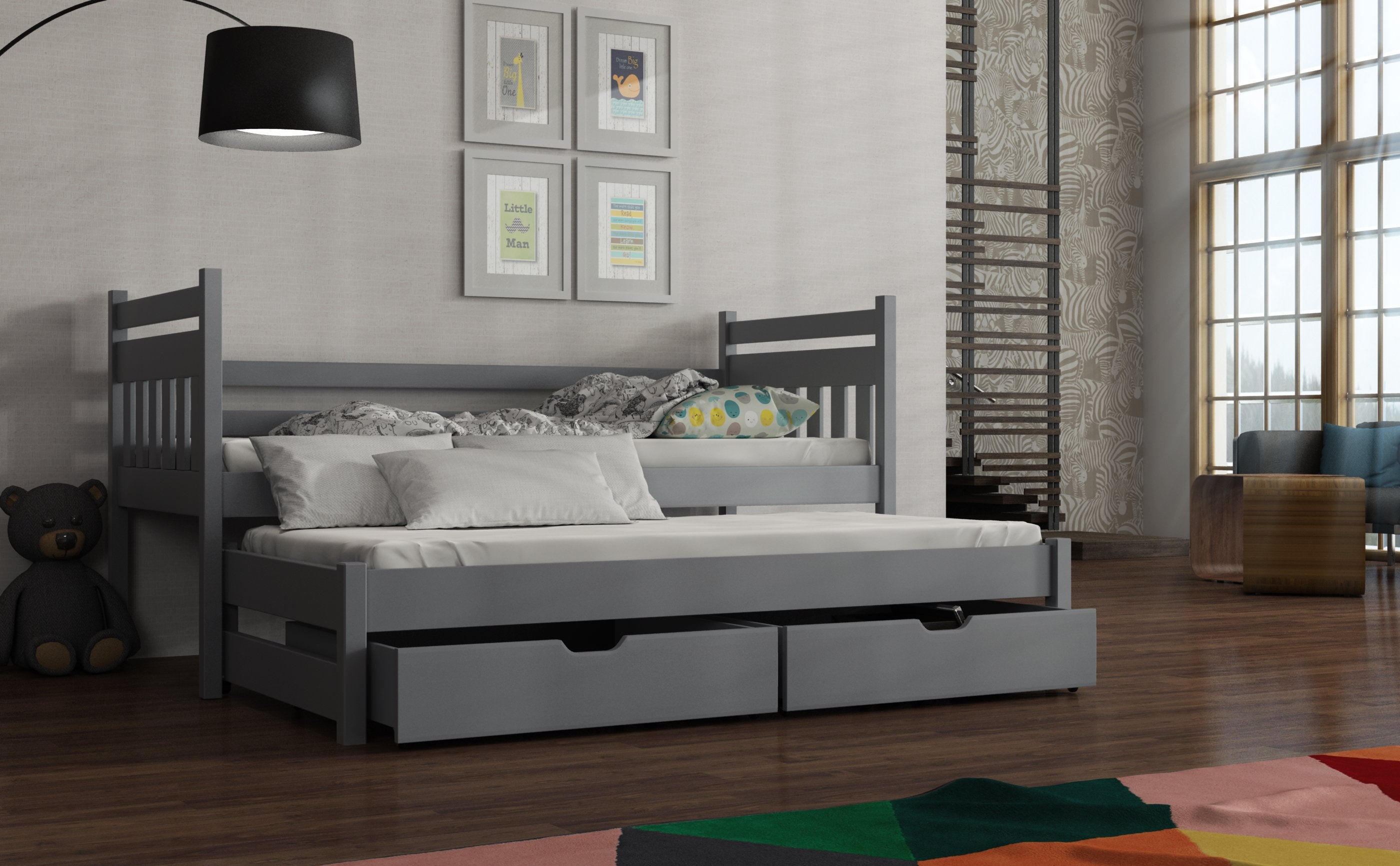 NEIL Wooden 2 Drawers Storage Double Bed with Trundle - Grey - Art Nest
