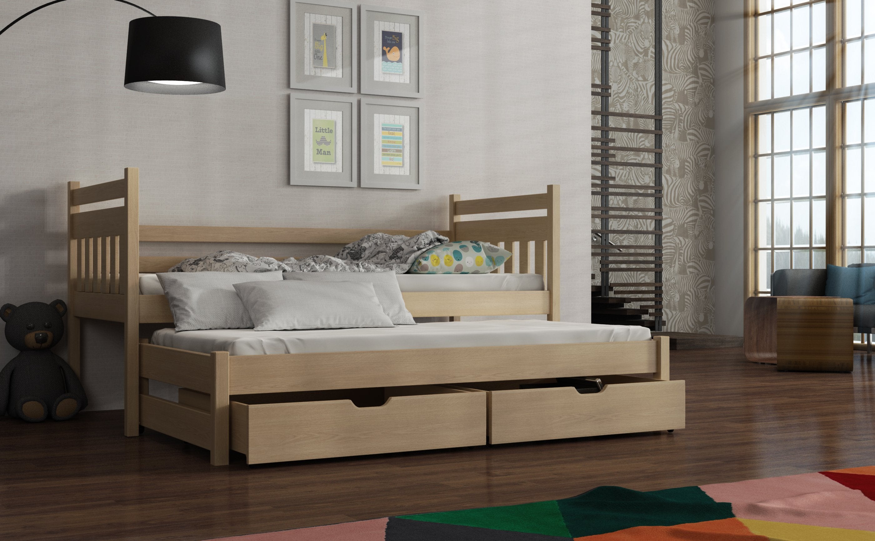 NEIL Wooden 2 Drawers Storage Double Bed with Trundle - Pine - Art Nest