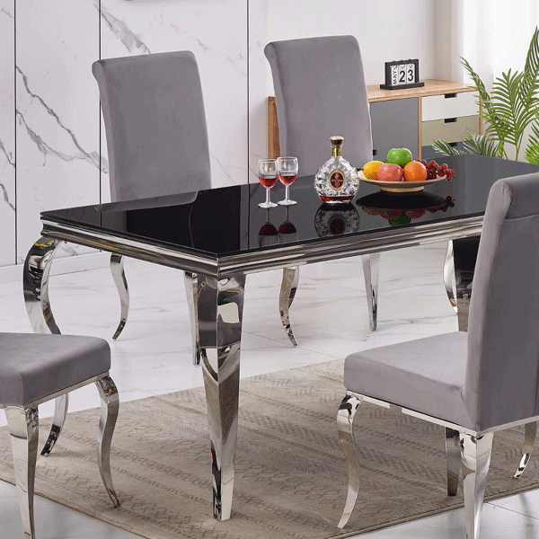 Modern Stainless Steel Dining Table in Black Glass Top with Silver Legs - Sigrid Mills