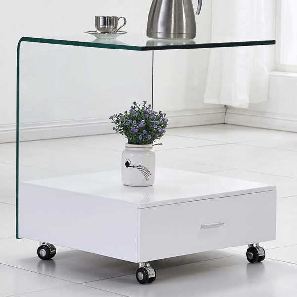 Hove Square Glass Lamp Side Table with High Gloss Drawer - White - Sigrid Mills