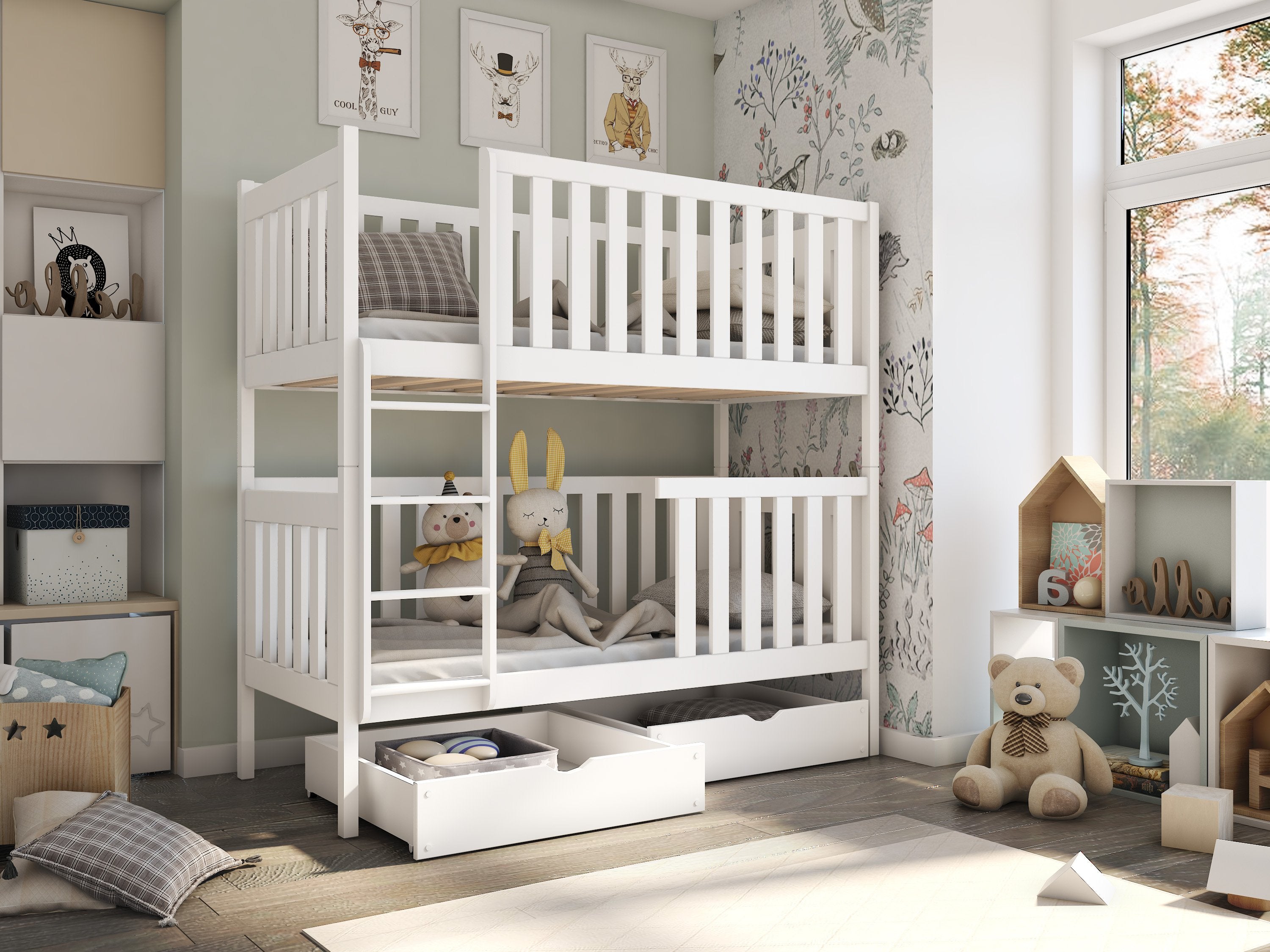 Edward 2 Drawers Storage Wooden Bunk Bed with Bonnell Foam Mattress - White - Art Nest