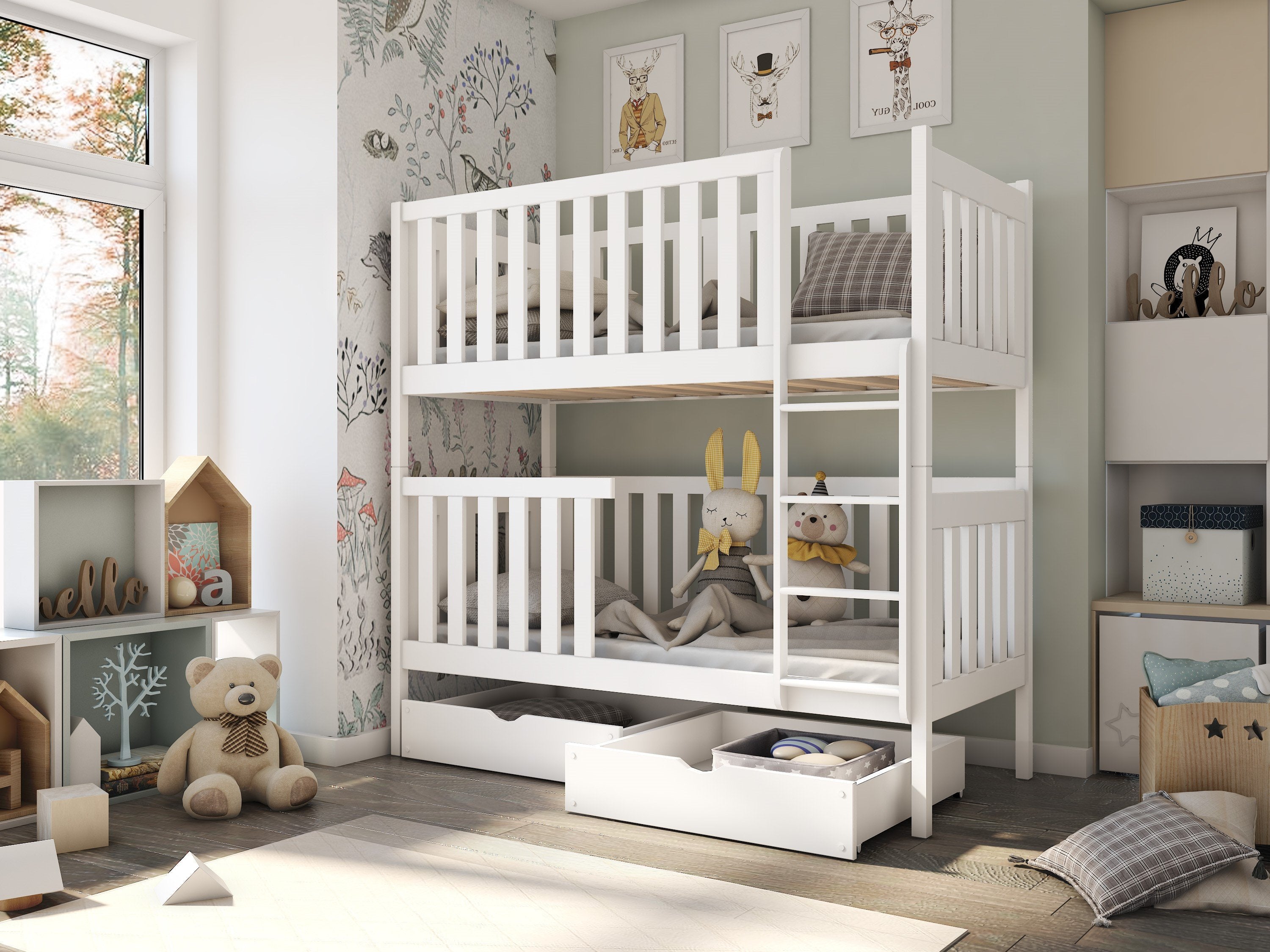 Edward 2 Drawers Storage Wooden Bunk Bed with Foam Mattress - White - Art Nest