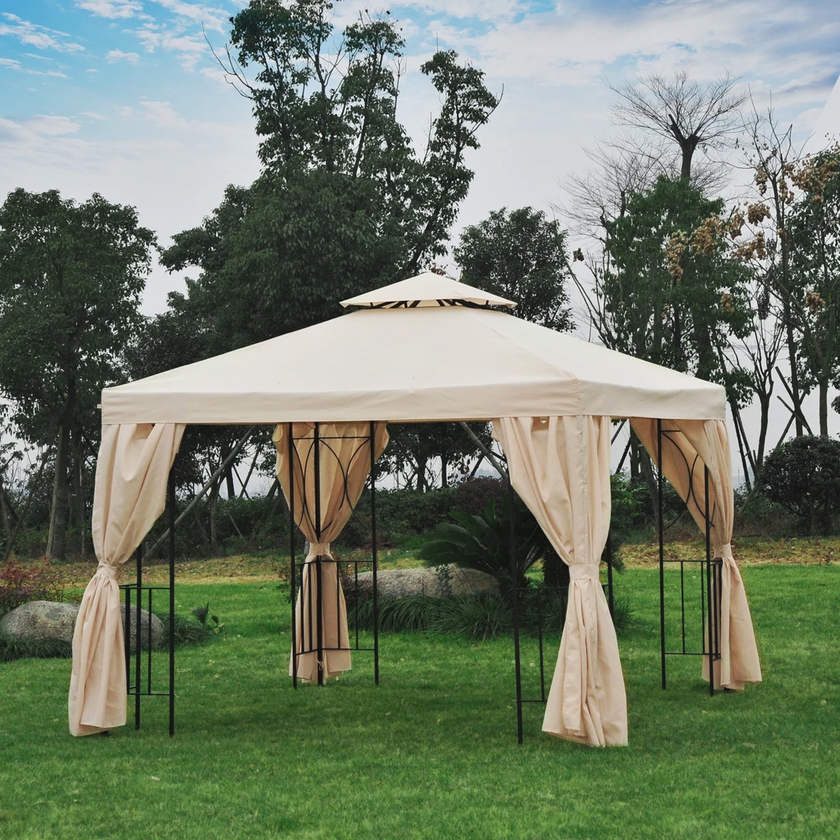 3x3m Gazebo with Side Panel - Beige - The Garden Savant