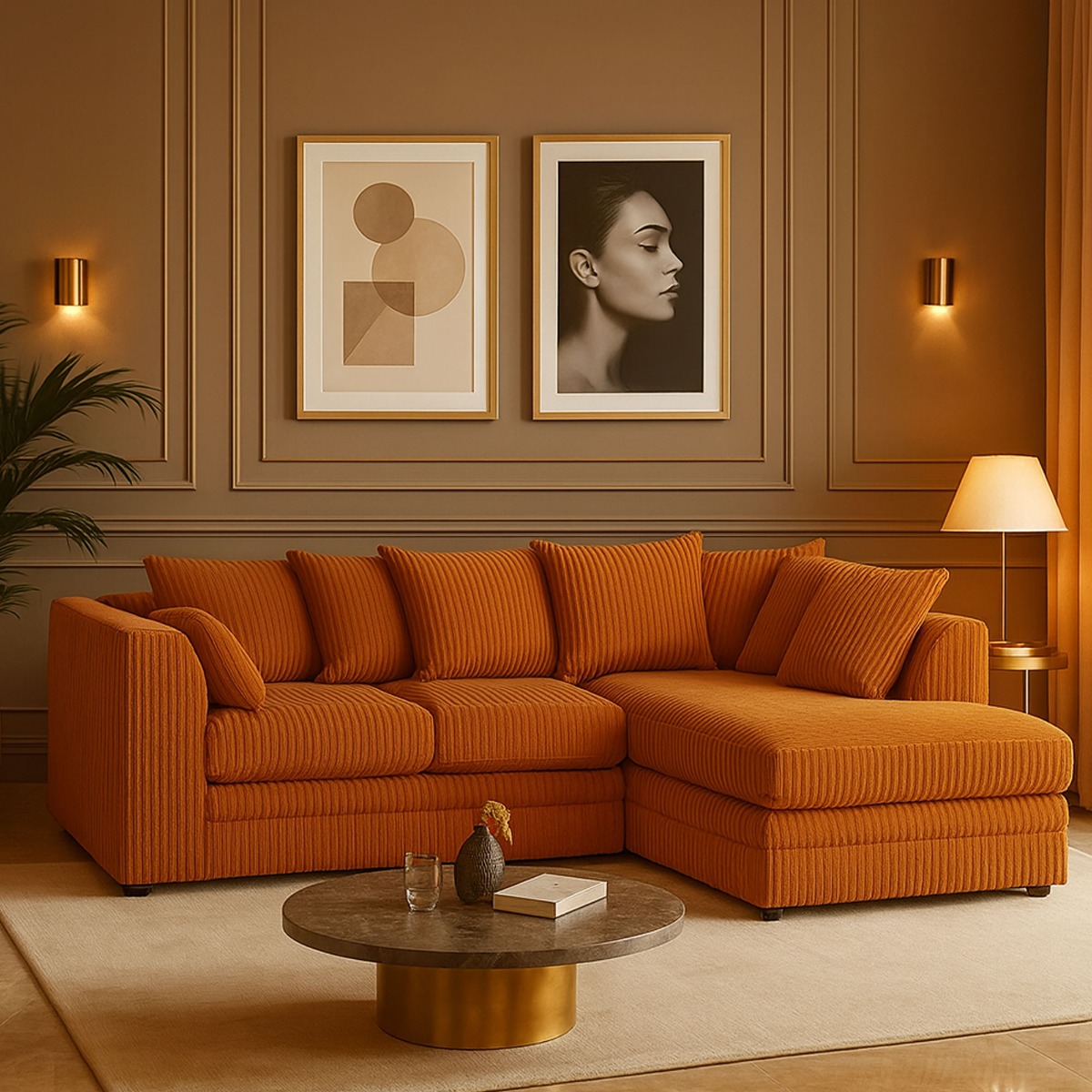 Corner Sofa - DESMOND Jumbo Cord Right Hand Orange - Home Done