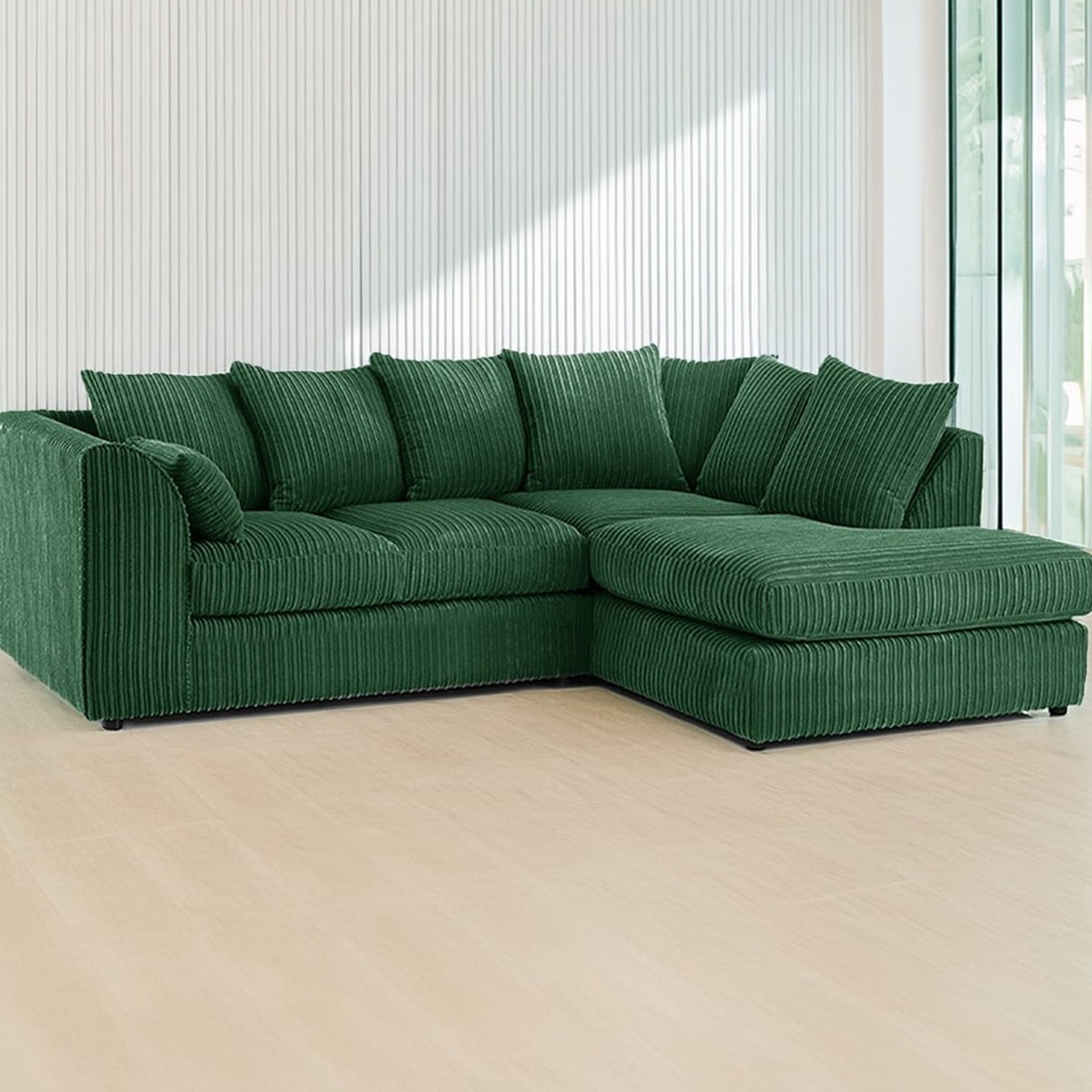 DESMOND Jumbo Cord 4 Seater L Shaped - Right Hand Facing Corner Sofa - Green - Home Done