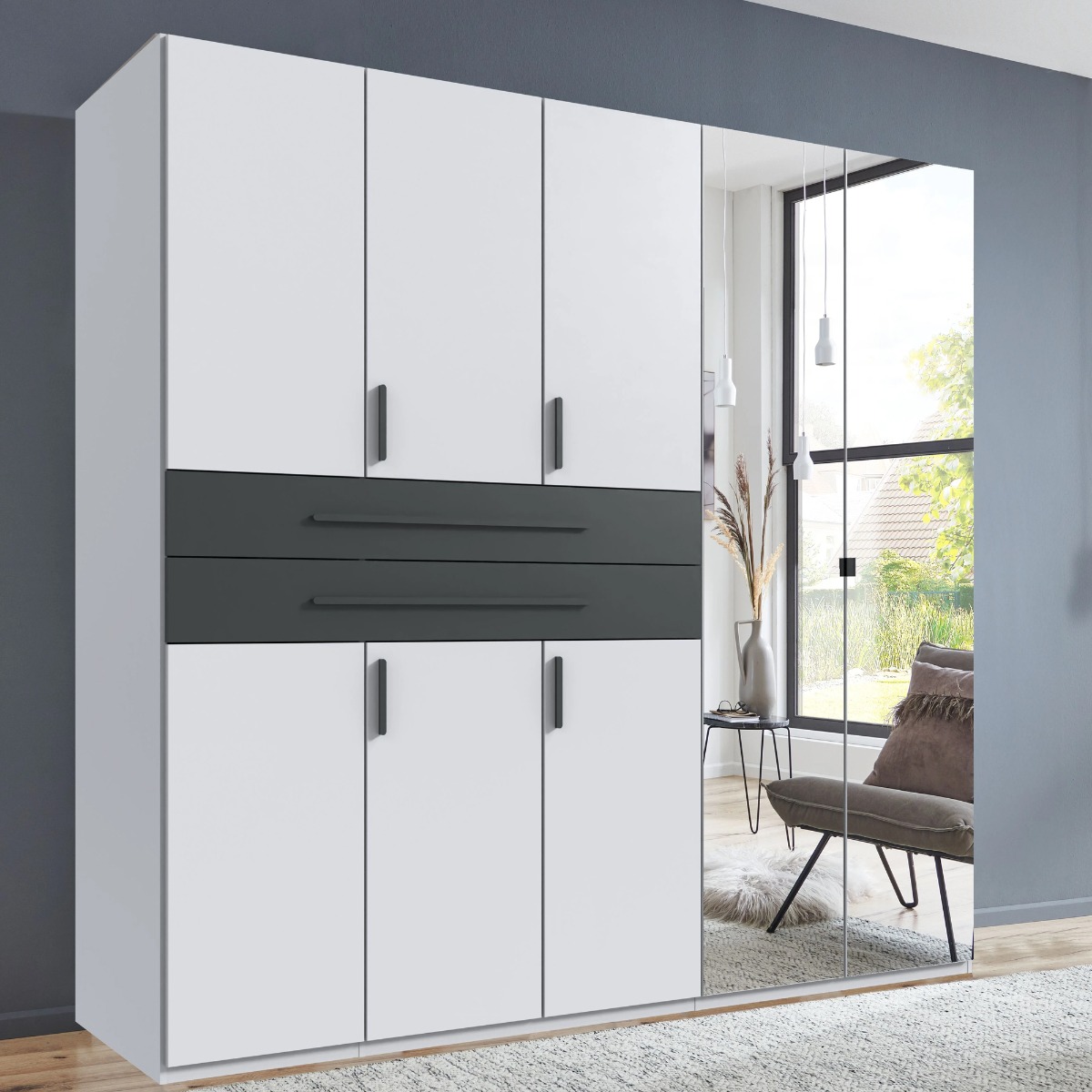 DEXO 5 Door Mirrored Wardrobe with 2 Drawers White - 225cm - Wimex Distribution