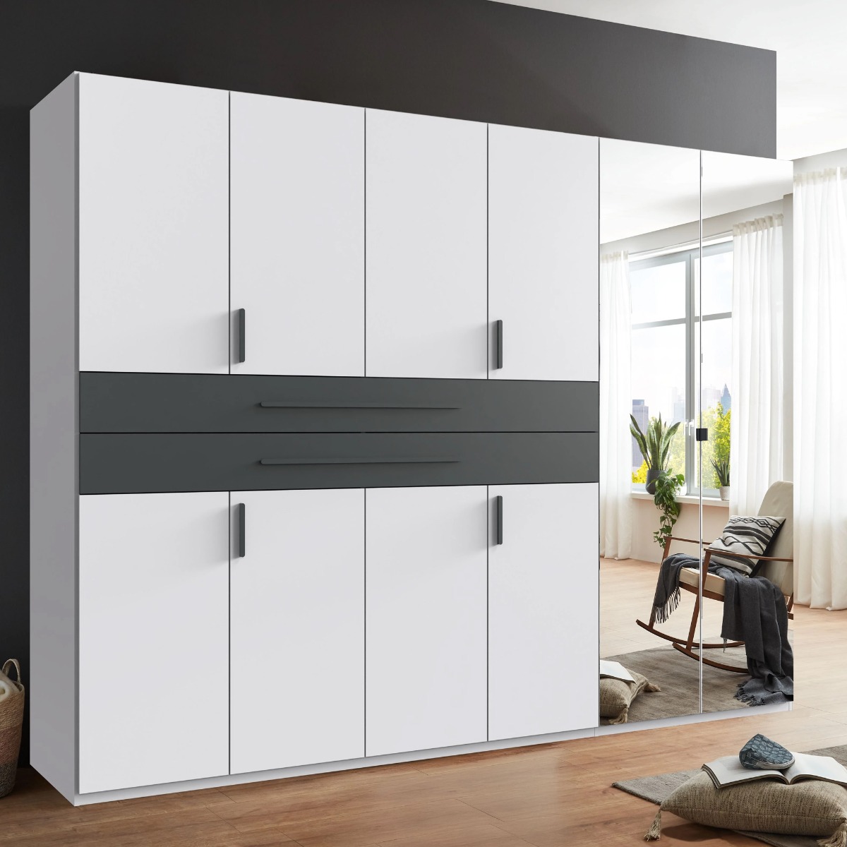 DEXO 6 Door Mirrored Wardrobe with 2 Drawers White - 270cm - Wimex Distribution
