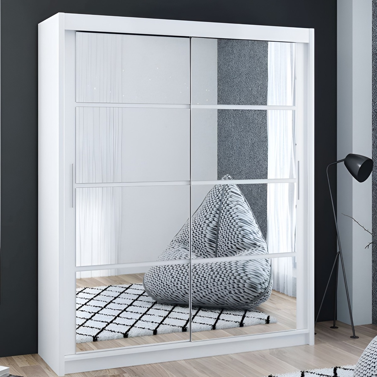 Sliding Wardrobe - DEXTER 2 Door Mirrored Wardrobe White 160cm - Avellino & Wells