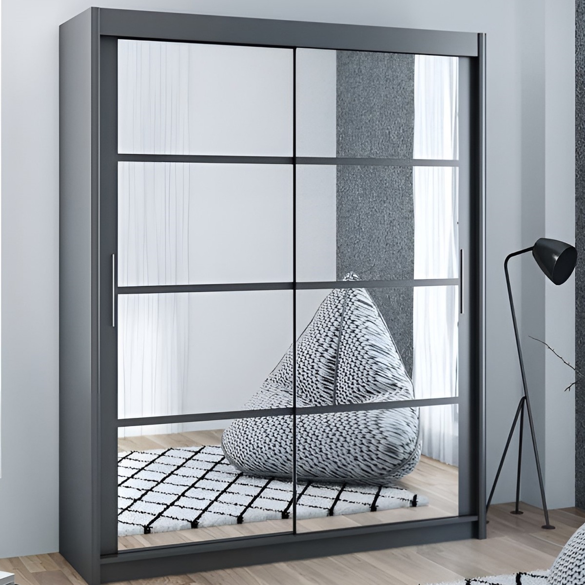 Sliding Wardrobe - DEXTER 2 Door Mirrored Wardrobe Grey 160cm - Avellino & Wells