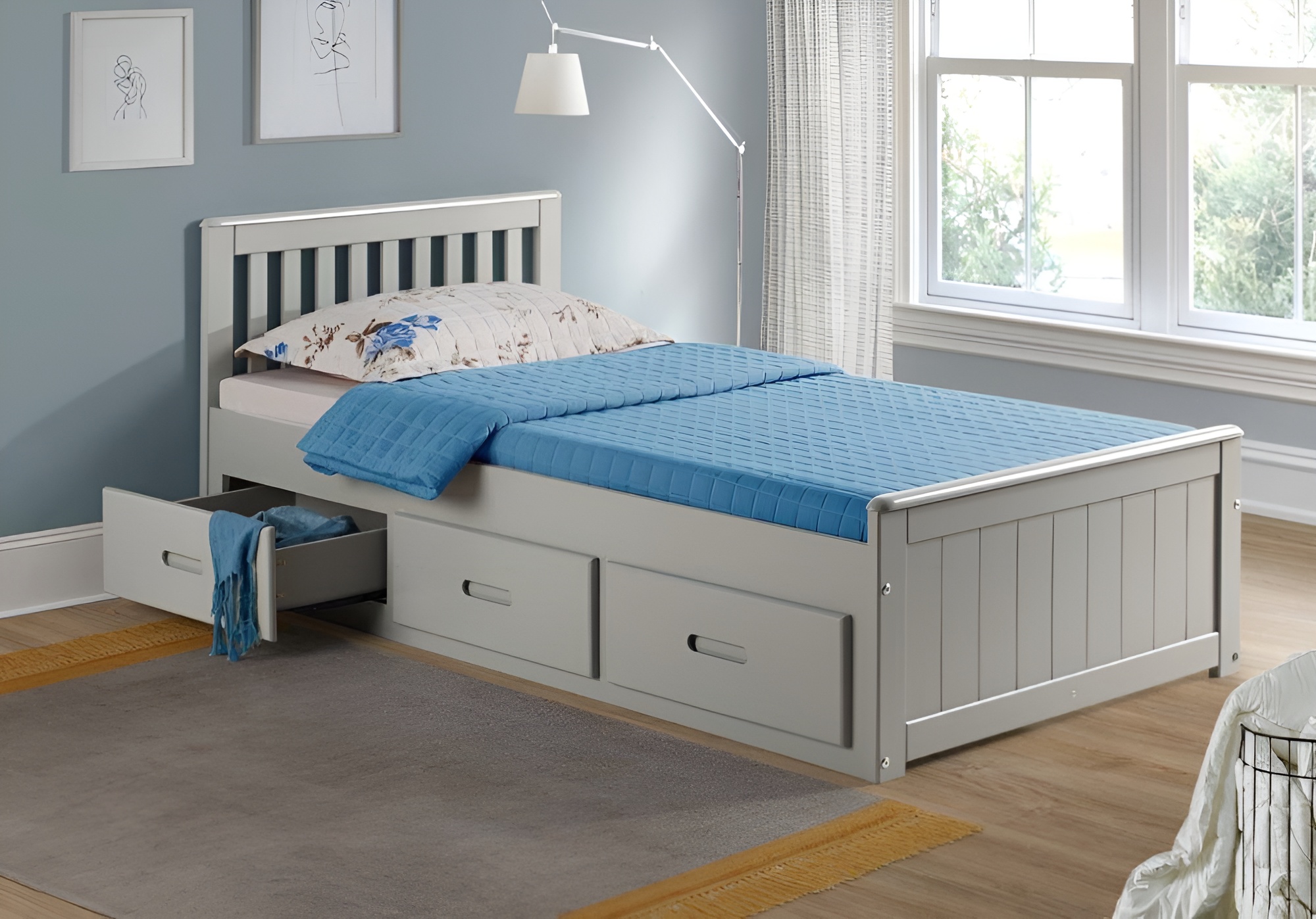 Single Bed - LISSON 3ft Wooden Bed with Storage Drawers Grey - Amanda and Co
