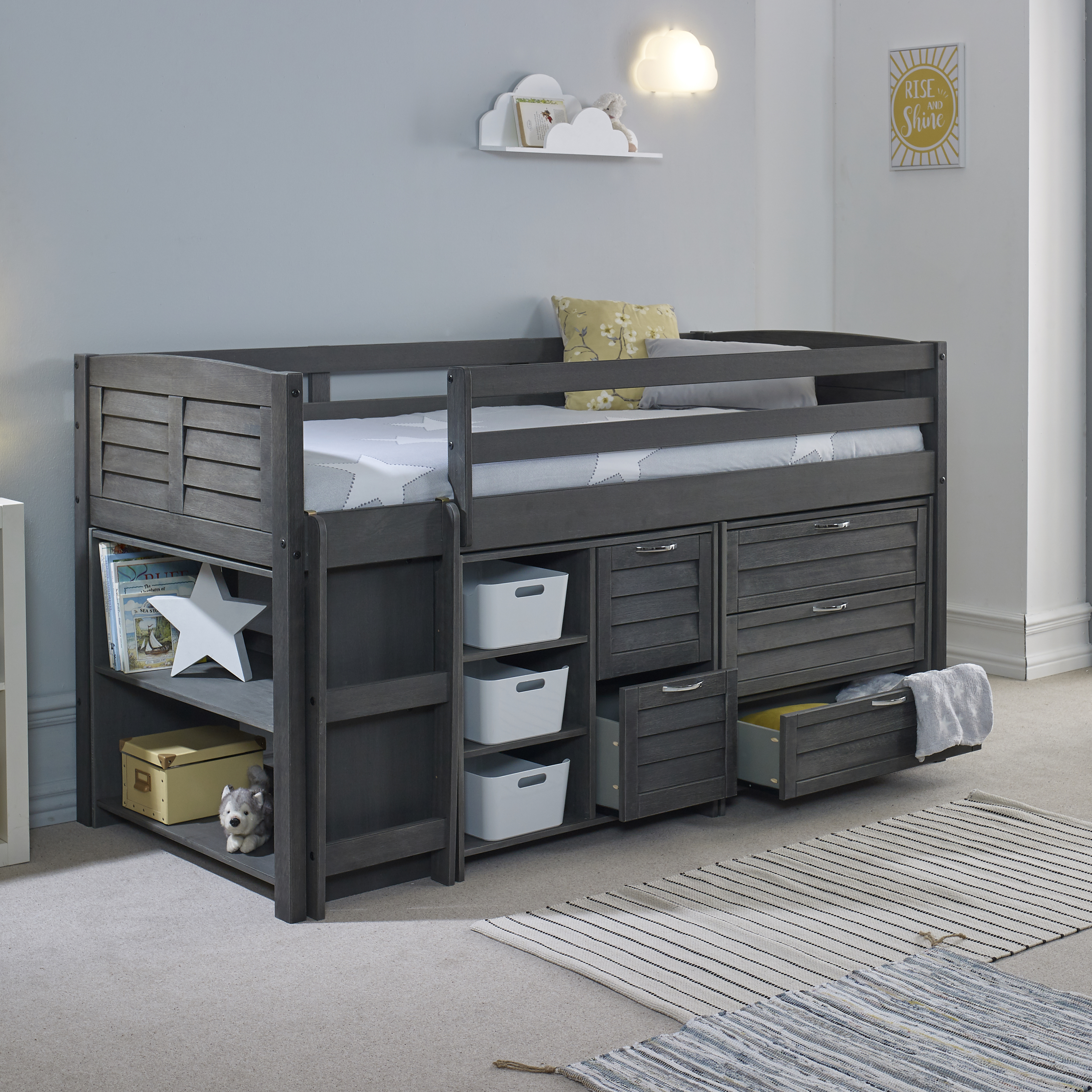 Single Bed - FOZY 3ft Cabin Bed Midsleeper with Storage Drawers and Shelves Grey - Left - Amanda and Co