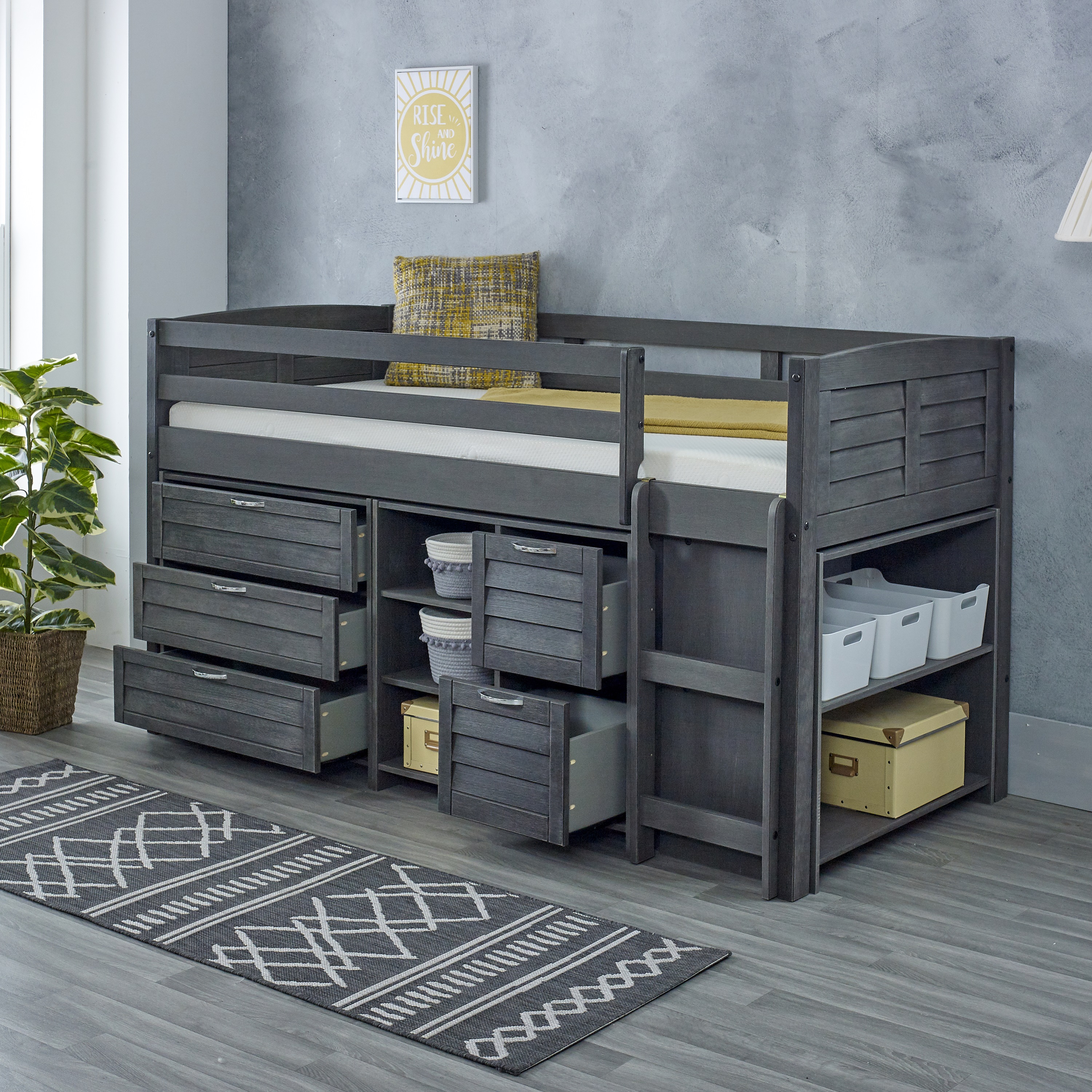 Single Bed - FOZY 3ft Cabin Bed Midsleeper with Storage Drawers and Shelves Grey - Right - Amanda and Co