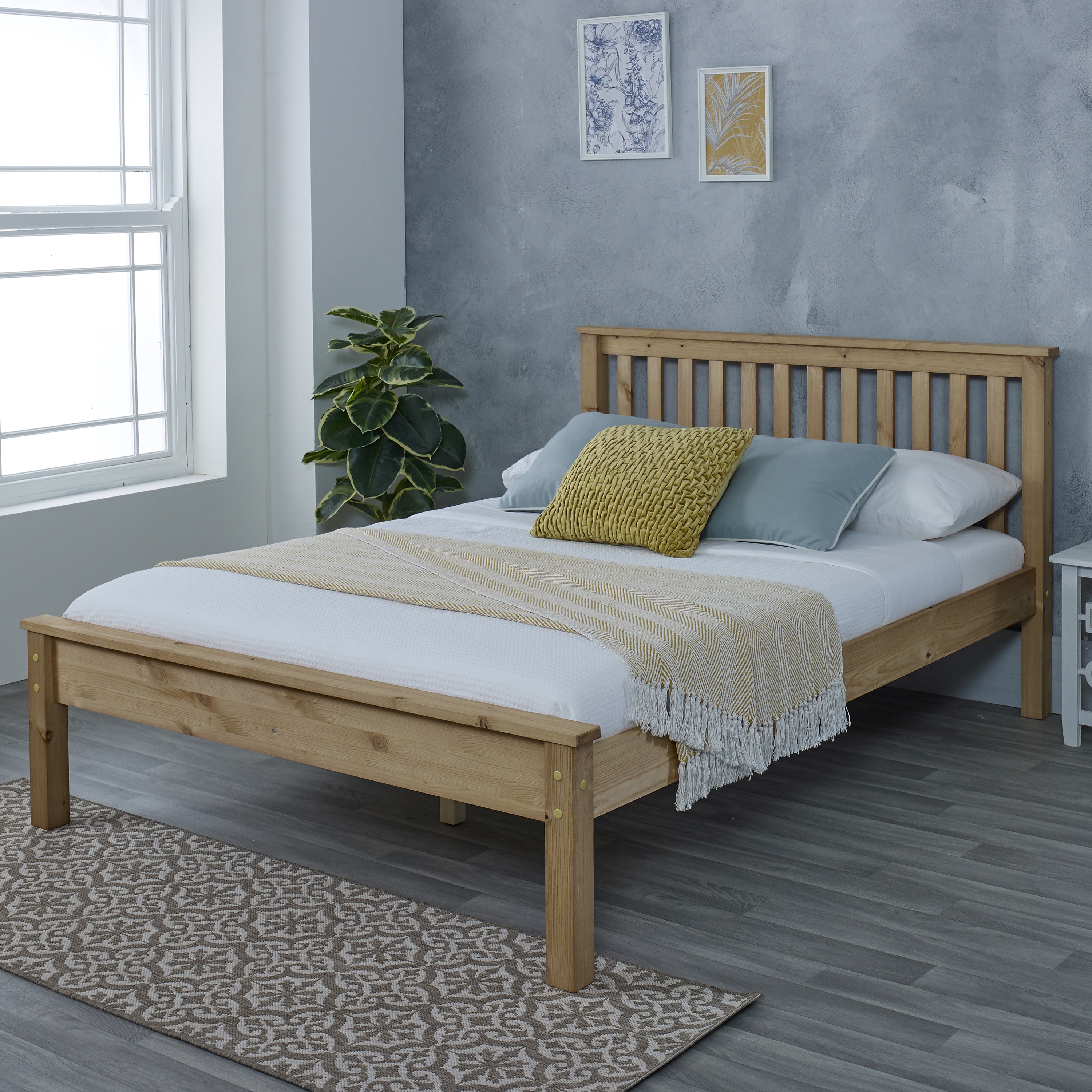 Double Bed - BORSET 4ft6 Wooden Bed Oak Finish - Amanda and Co