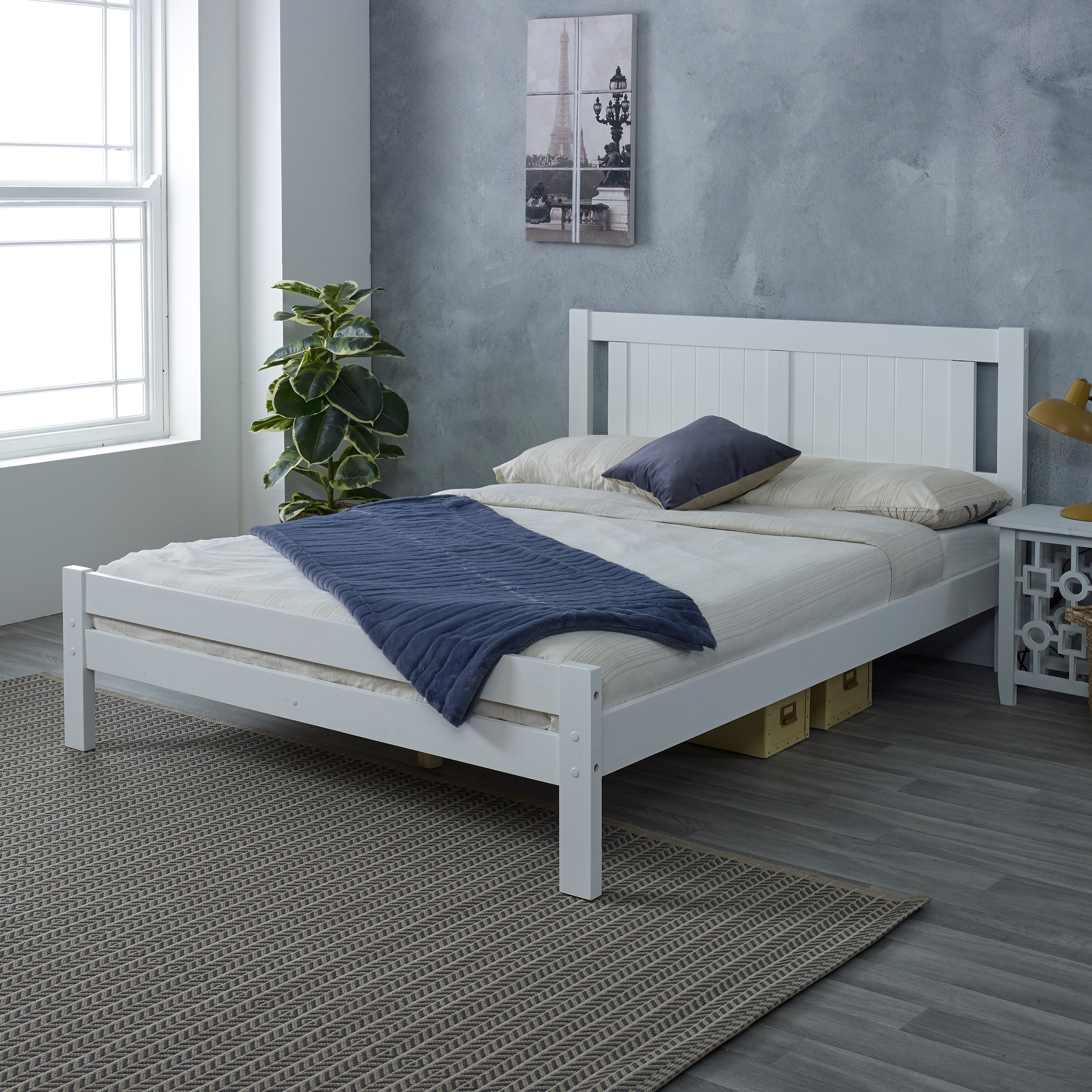 Kingsize Bed - FLORY 5ft Wooden Bed White - Amanda and Co