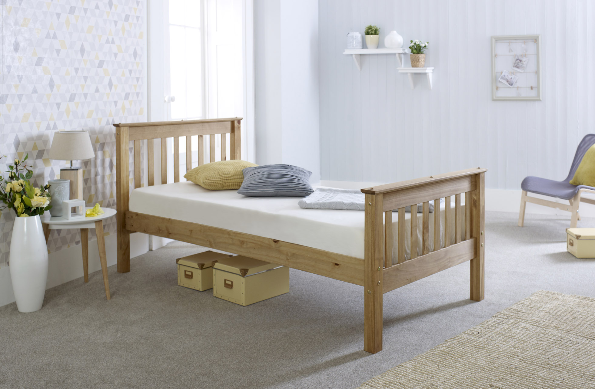 Small Double Bed - FUSERSET 4ft Wooden Bed Oak Finish - Amanda and Co