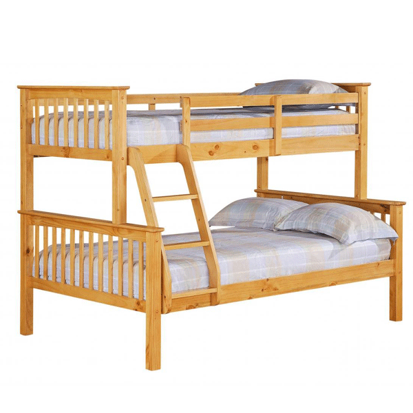 Space-Saving Elegance Oroville Triple Sleeper Bunk Single Top, 4 Foot Bottom Beds - Light Pine Finish - Sigrid Mills