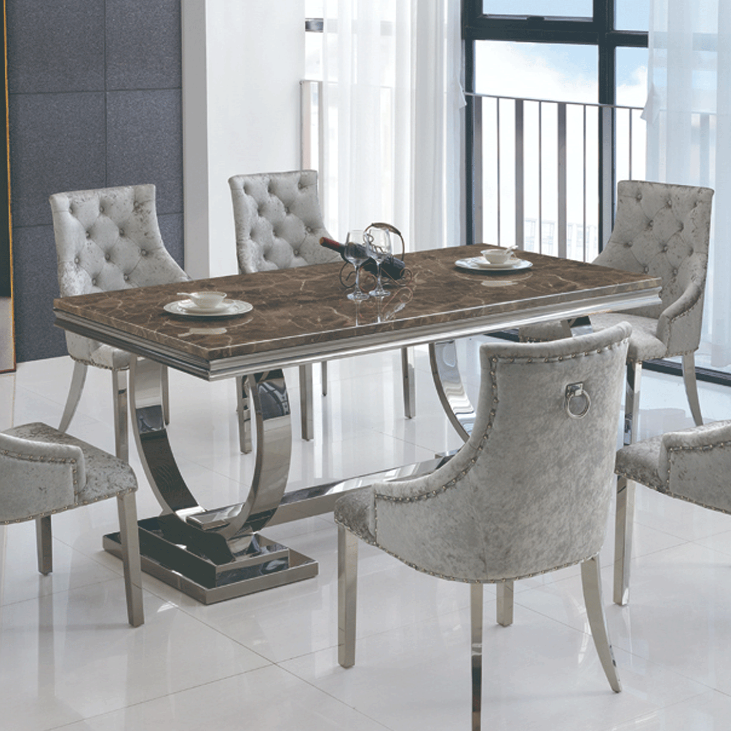 Marlow Marble Effect Dining Table Natural Stone Elegance with Silver Base - Lacquer Finish - Sigrid Mills