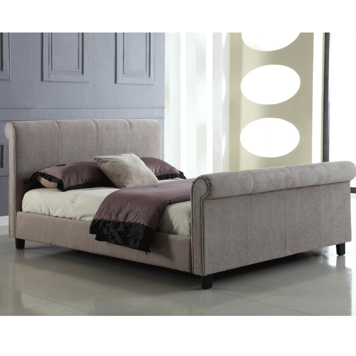 Okehampton Luxury Chenille Mink Bed Frame Stylish Round Headboard Design - King Size - Sigrid Mills