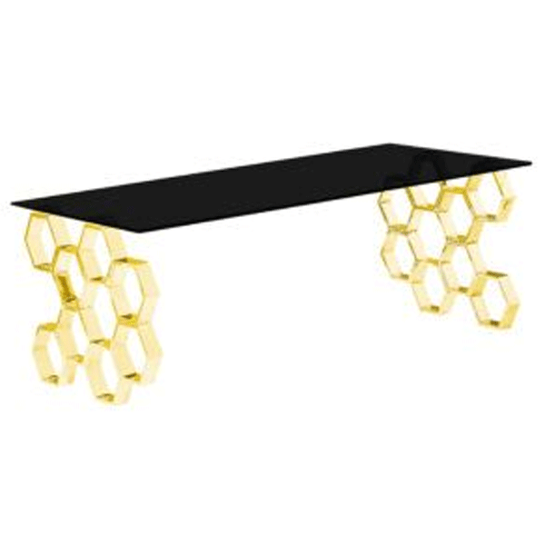 Calistoga Rectangular Stylish Golden Frame Coffee Table in Black Glass Top - Sigrid Mills