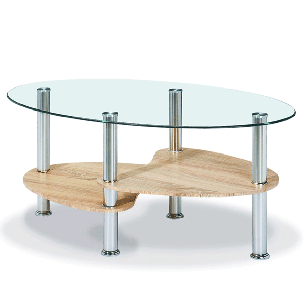 Matlock Oval Glass Coffee Table with Stylish Shelving in Stainless Steel Frame - Natural - Sigrid Mills