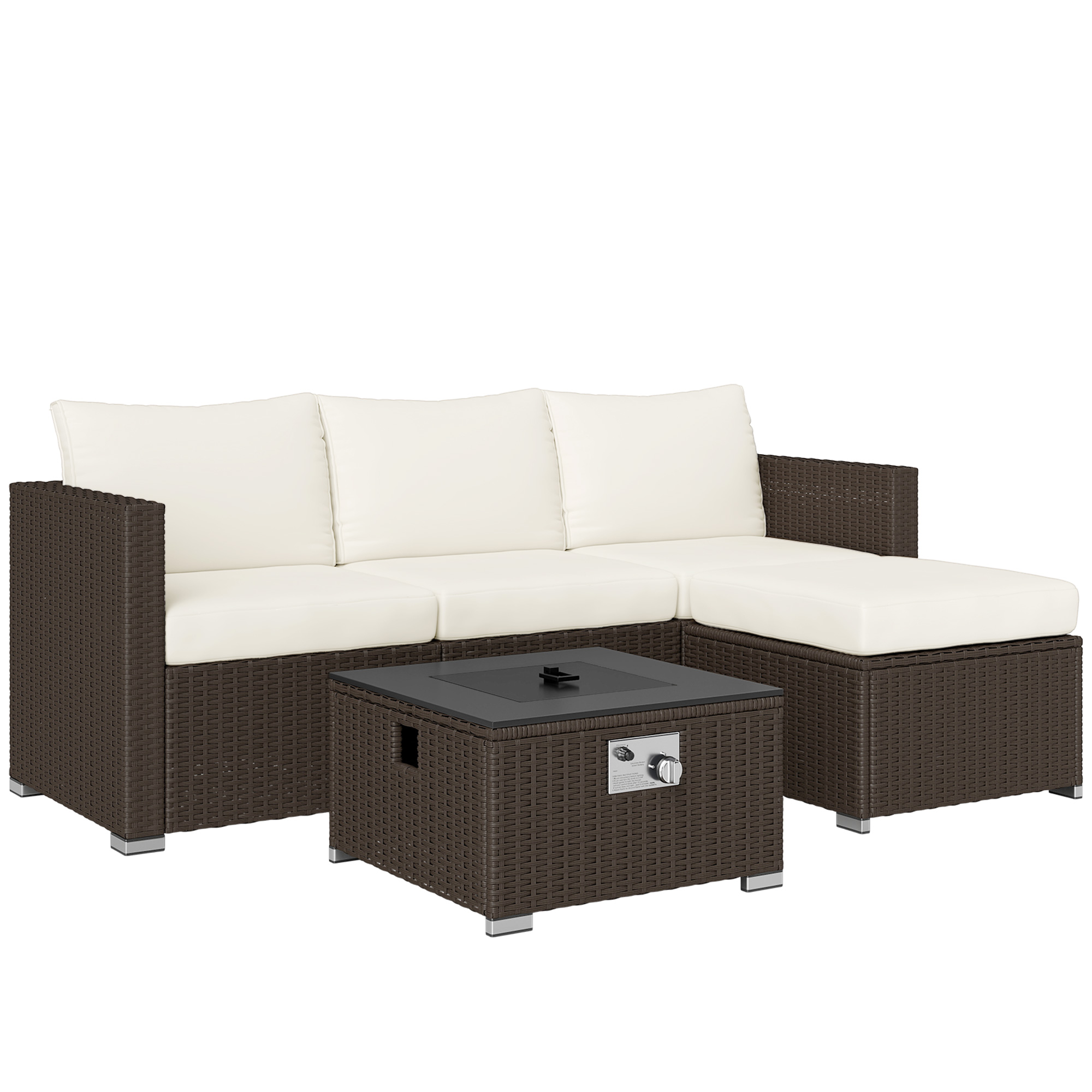 SUNVISTA Five Piece Rattan Garden Furniture Set with Gas Fire Pit Table Brown and Cream White - Life Essentials