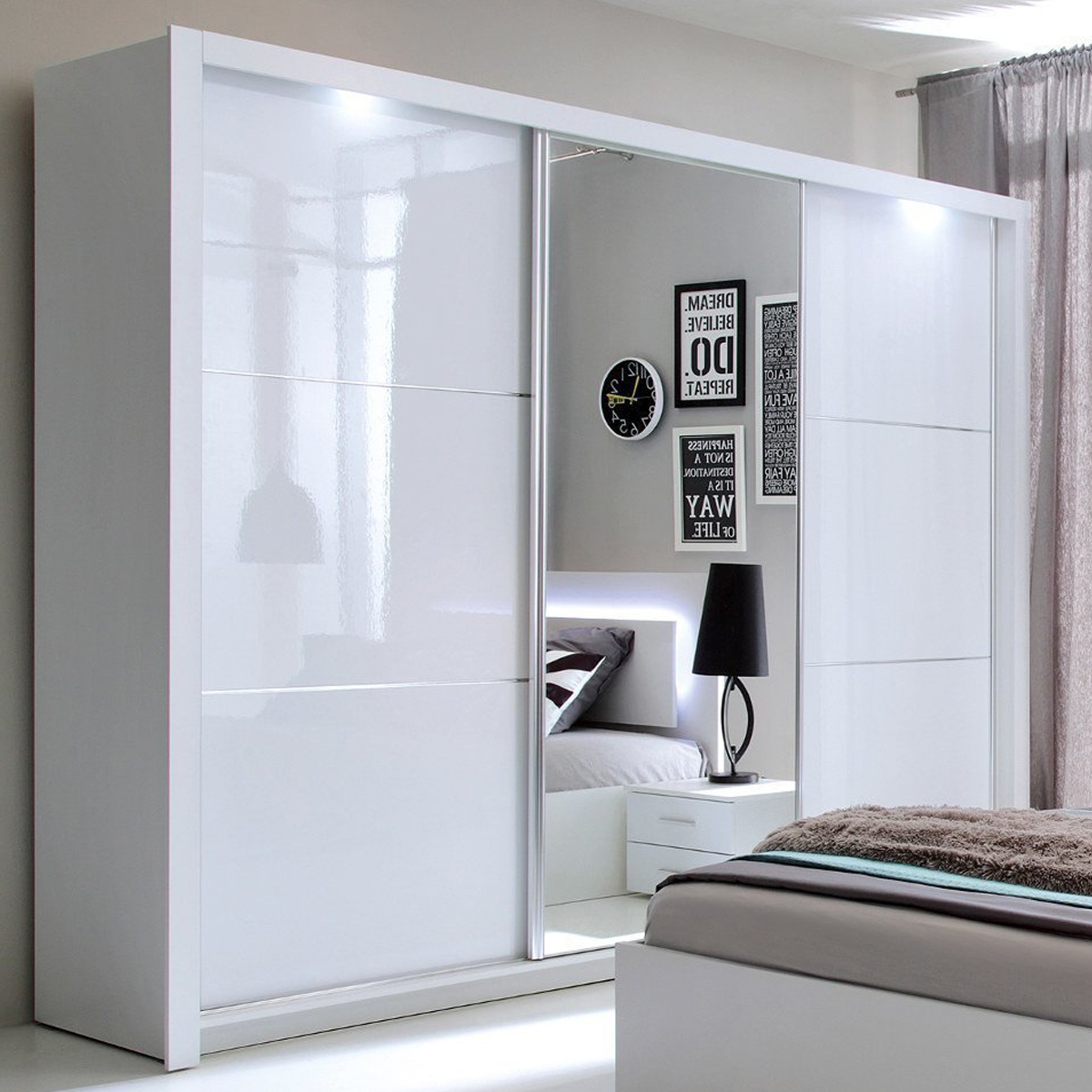 Sliding Wardrobe - SALVIN 3 Door Mirrored Wardrobe White 258cm - Interior Savant