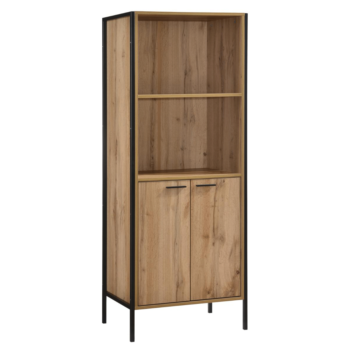 Wenatchee 2-Door Bookcase Oak Effect with Black Metal Frame - Sigrid Mills