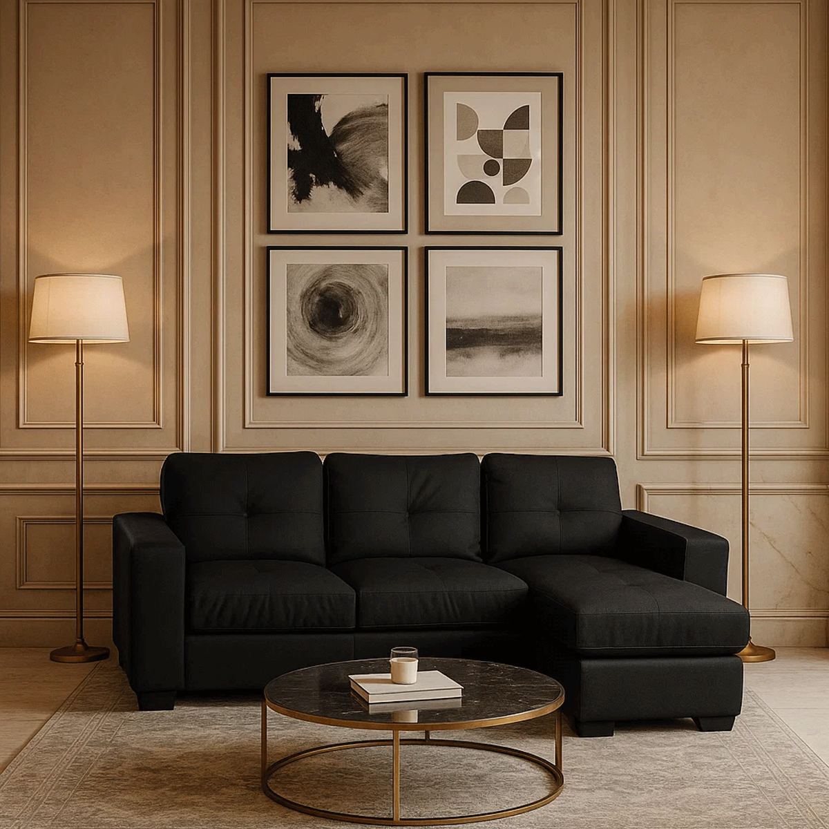 Ballymena Luxurious Corner 3 Seater Sofa in Bonded Leather - Black - Sigrid Mills