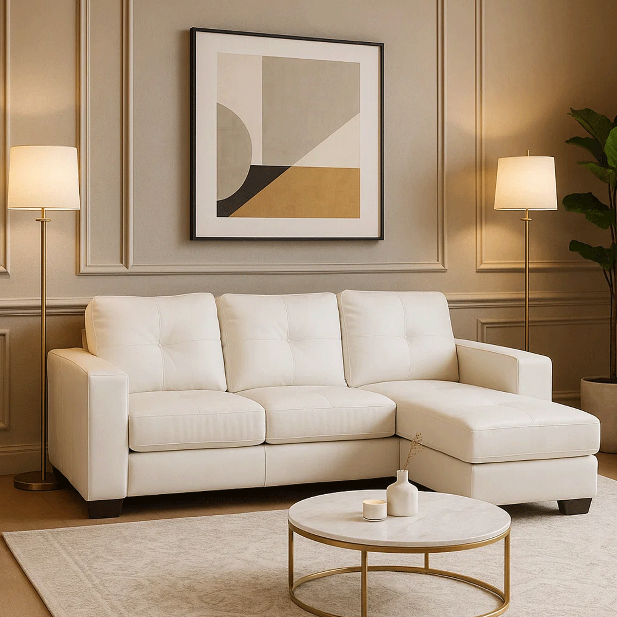 Ballymena Luxurious Corner 3 Seater Sofa in Bonded Leather - White - Sigrid Mills