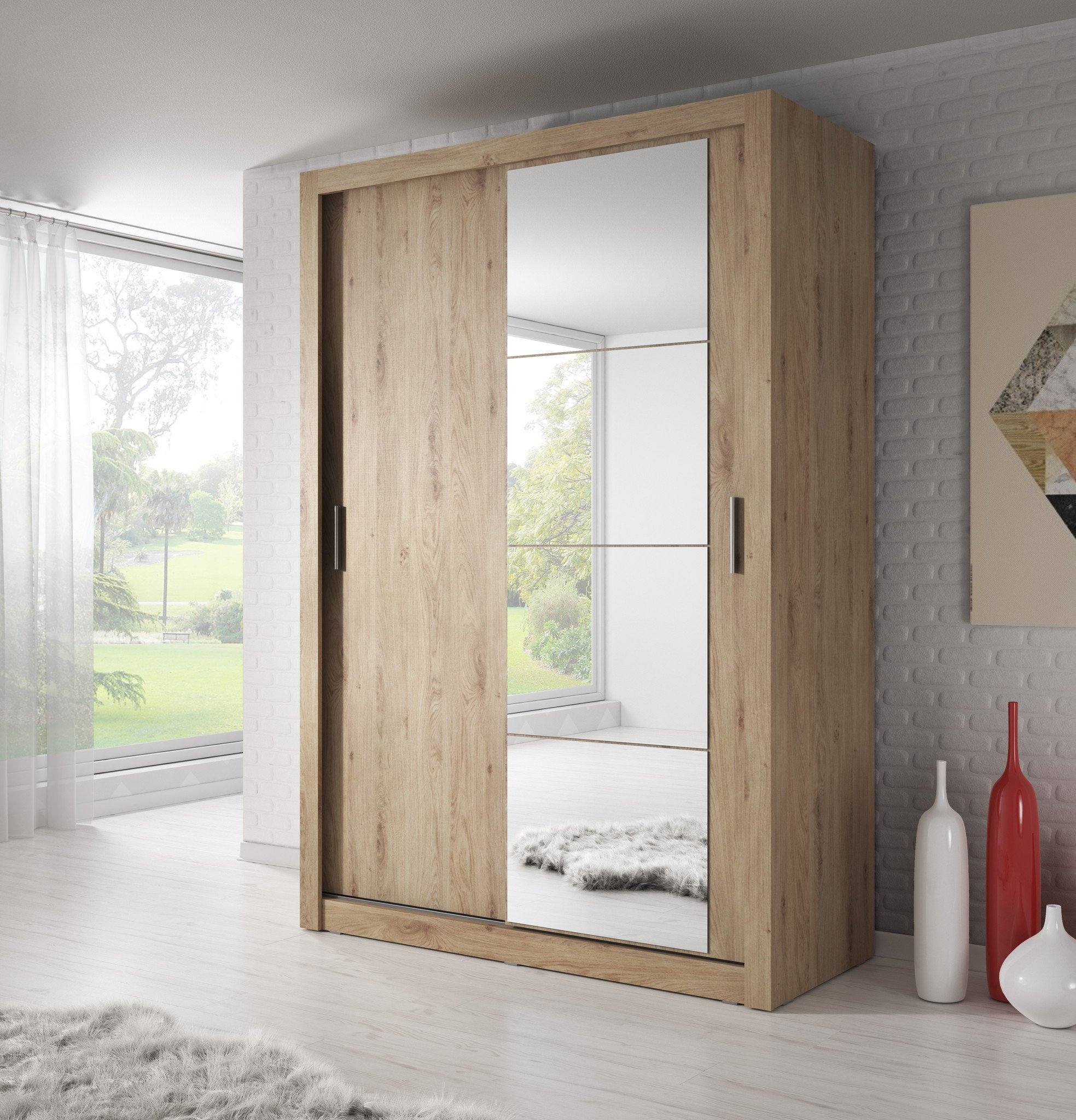 Sliding Wardrobe - ARTU 2 Door Mirrored Wardrobe Oak Shetland 150cm - Interior Savant