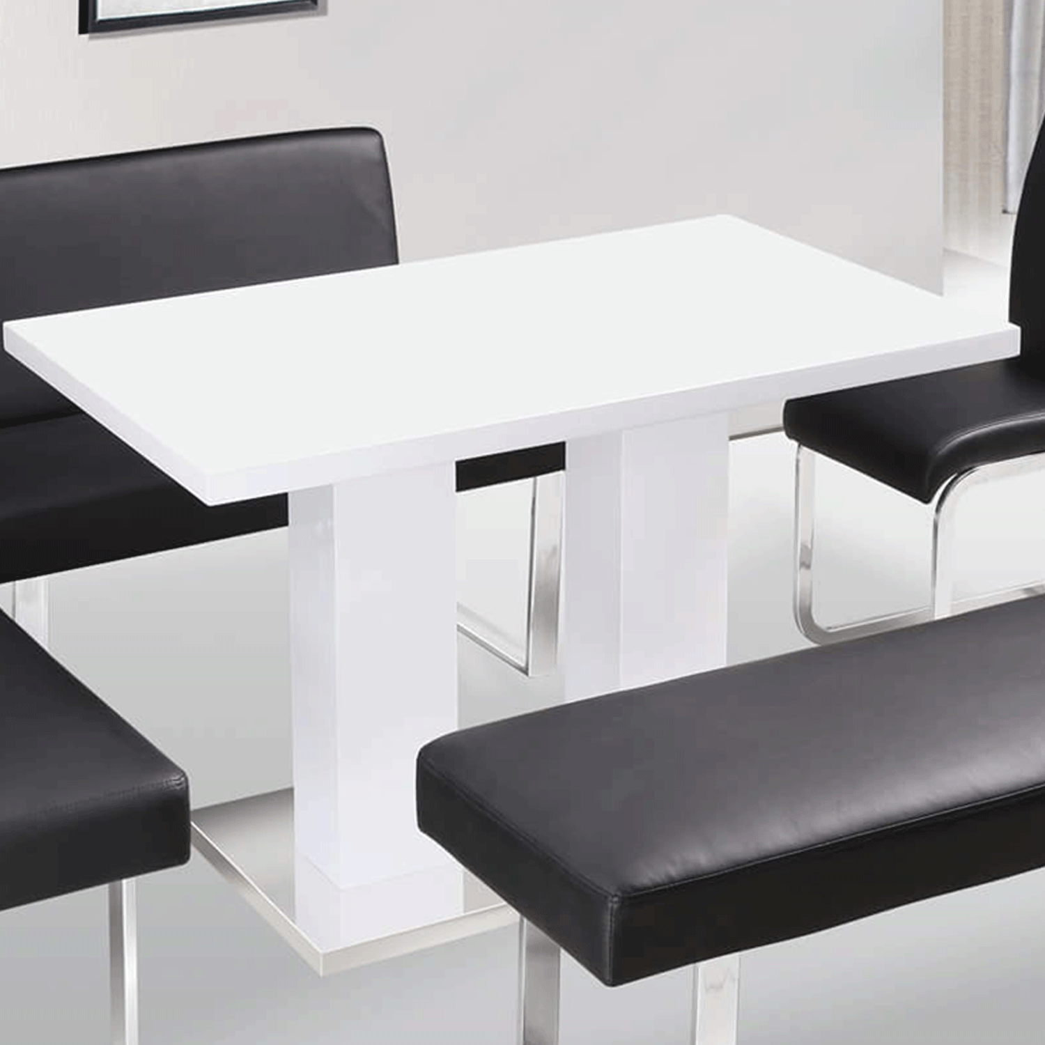 Modern Elegance Guildford High Gloss Dining Table with Stainless Steel Base - White - Sigrid Mills