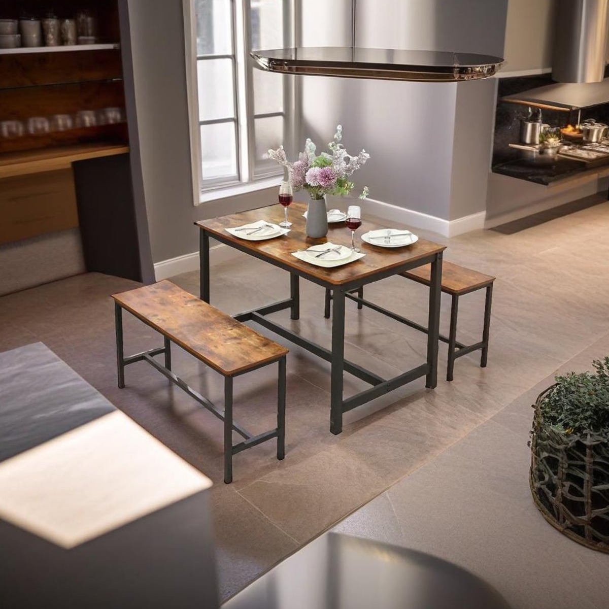 ORIVANE Dining Benches Set of 2 Benches with Wood Tops and Steel Frames - Rustic Brown and Black - The Urban Forge