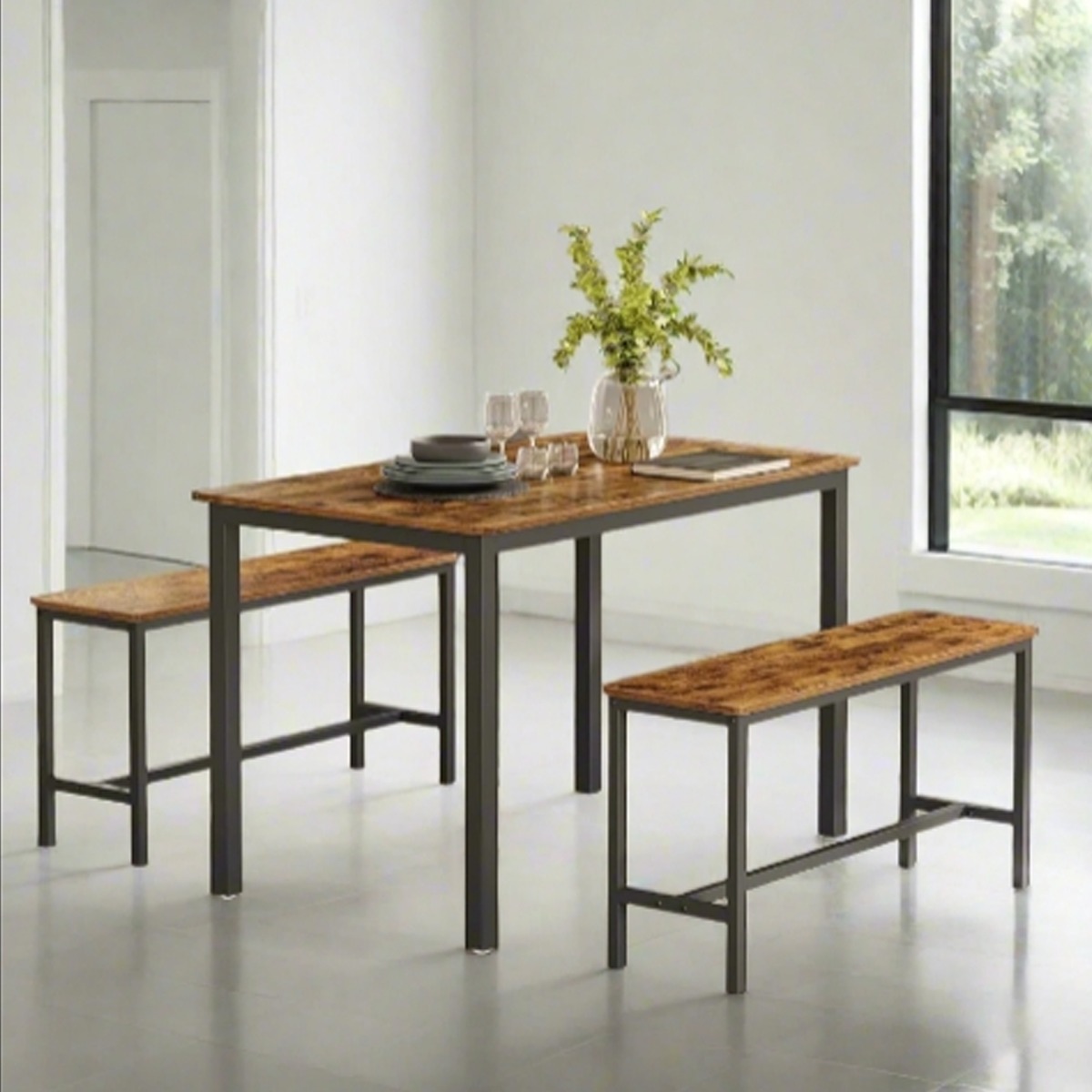 NOVATRA Dining Set 3-Piece Table and 2 Benches for 4 People - Rustic Brown and Black - The Urban Forge