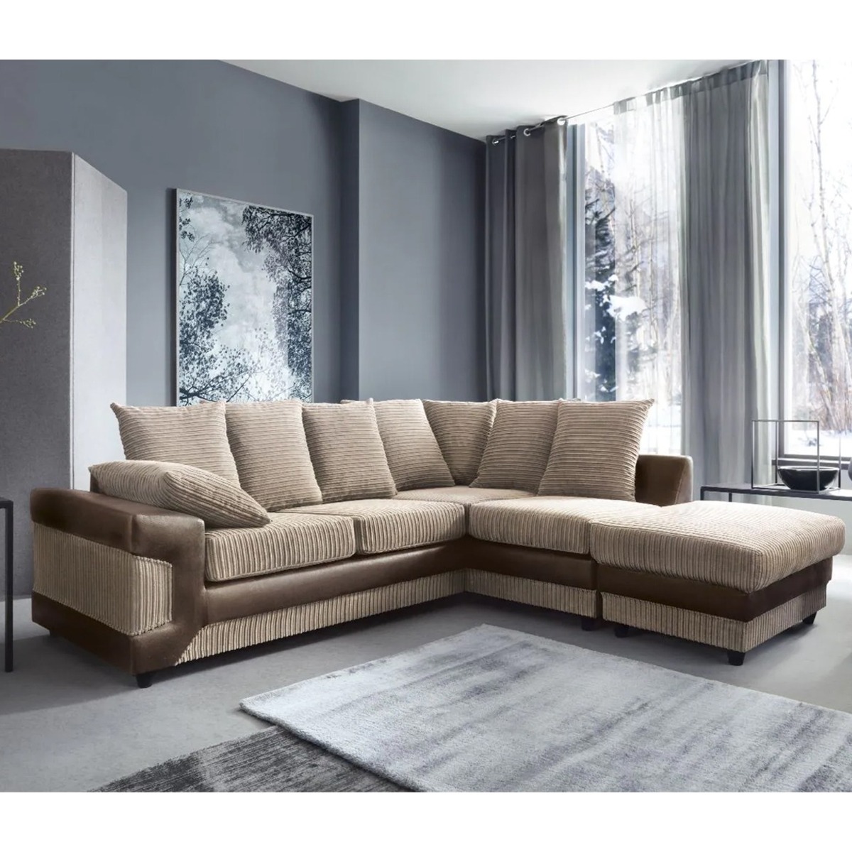 DINO Jumbo Cord 5 Seater L Shaped - Right Hand Facing Corner Sofa - Brown and Beige - Home Done