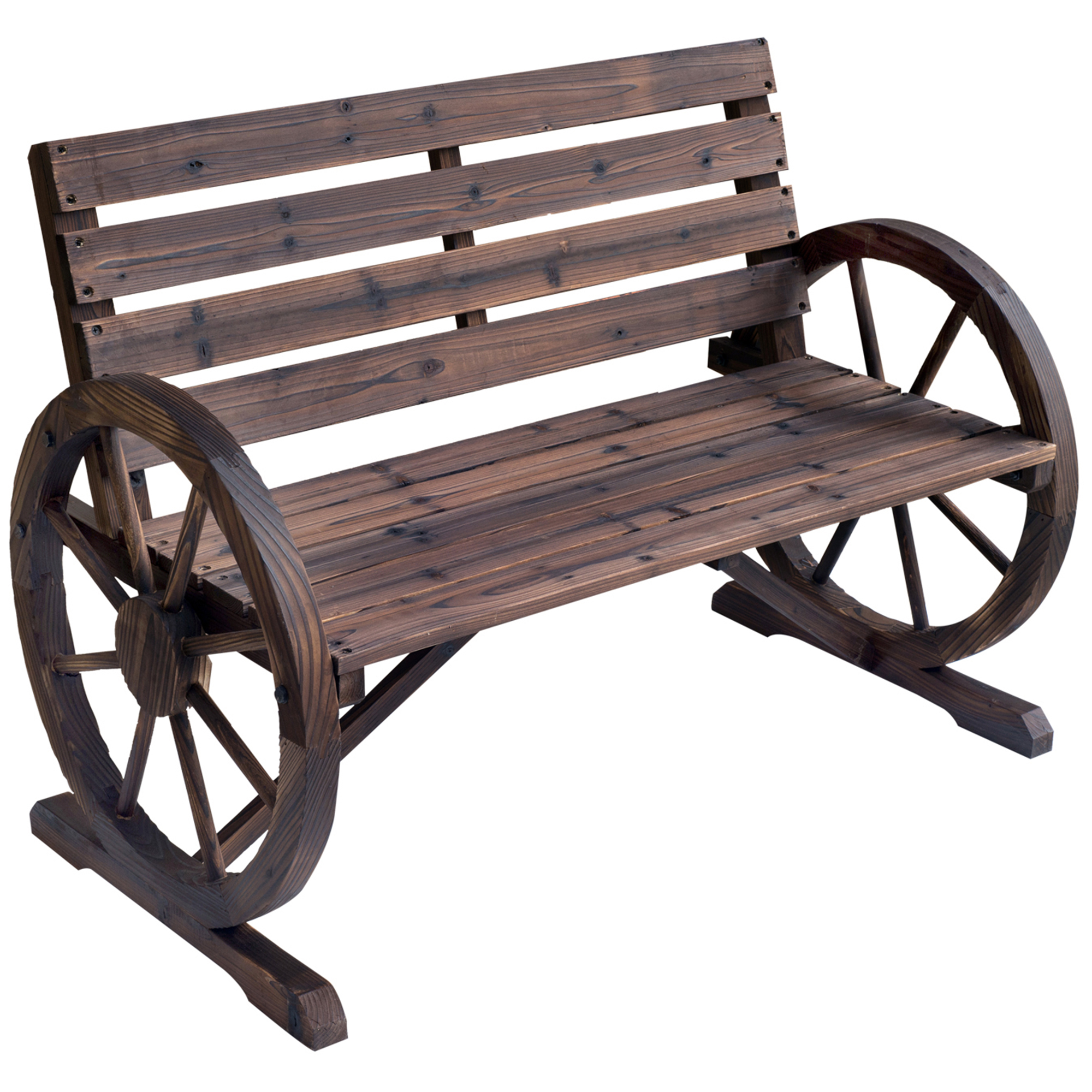 2 Seater Garden Bench Outdoor Garden Armrest Chair with Wooden Cart Wagon Wheel Rustic High Back Brown - Life Essentials